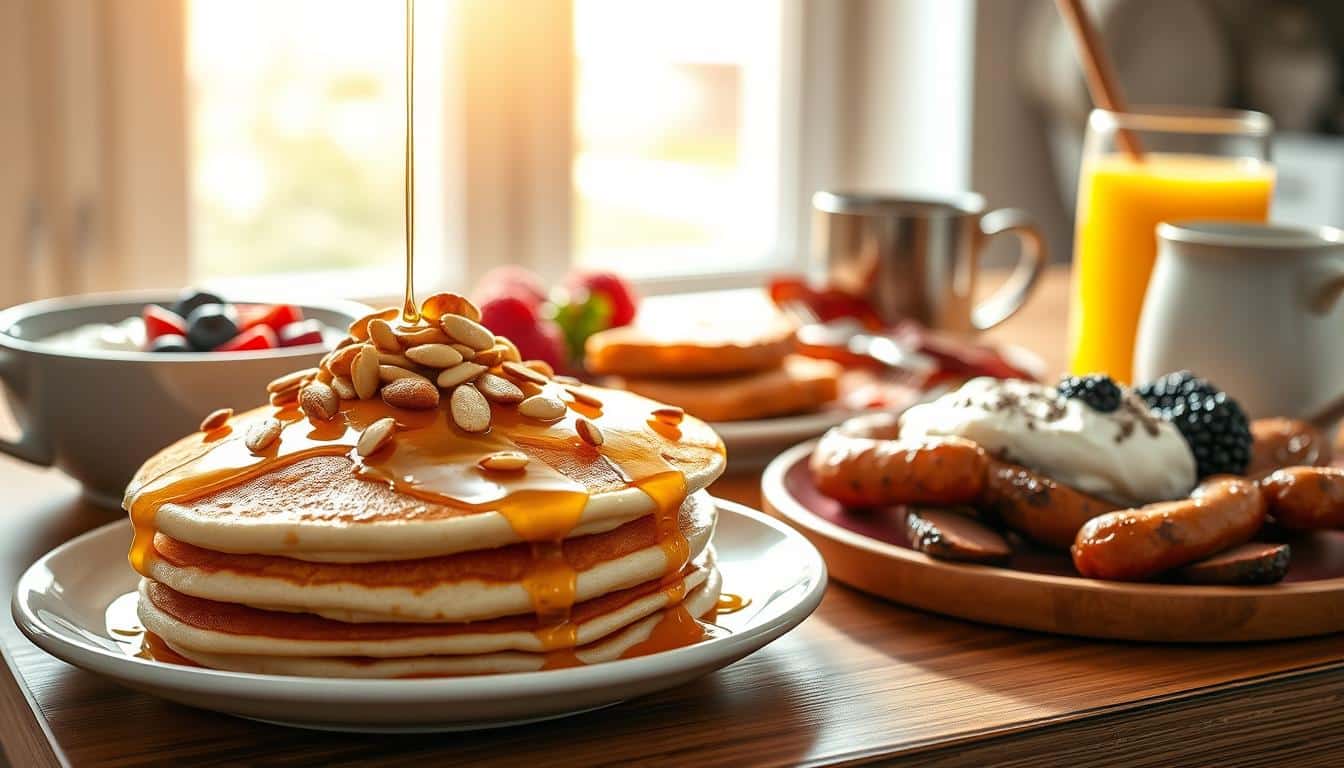 A beautifully lit, wide-angle photograph of a sumptuous breakfast spread featuring a variety of high-protein foods. In the foreground, a stack of fluffy pancakes drizzled with honey and sprinkled with toasted almonds. Beside it, a bowl of Greek yogurt topped with fresh berries and a sprinkle of chia seeds. In the middle ground, a plate of crispy bacon and savory turkey sausages. In the background, a glass of freshly squeezed orange juice and a steaming mug of coffee. The scene is bathed in warm, natural light filtering through a window, creating a cozy, inviting atmosphere. The focus is sharp, the colors vibrant, and the overall composition is balanced and visually appealing.