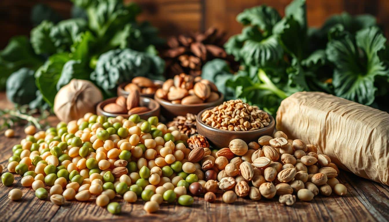 A bountiful still life composition showcasing an array of plant-based protein sources. In the foreground, meticulously rendered legumes such as lentils, chickpeas, and edamame spill across a rustic wooden surface, their colors and textures captured in vivid detail. In the middle ground, an assortment of nuts and seeds, including almonds, walnuts, and chia, are arranged in small bowls, their shapes and sheen exquisitely depicted. In the background, a variety of leafy greens, such as kale and spinach, provide a lush, verdant backdrop, bathed in warm, natural lighting that casts gentle shadows and highlights the nutrient-rich produce. The overall scene conveys a sense of abundance, health, and the wealth of plant-based protein options available to those following a vegetarian or vegan lifestyle.