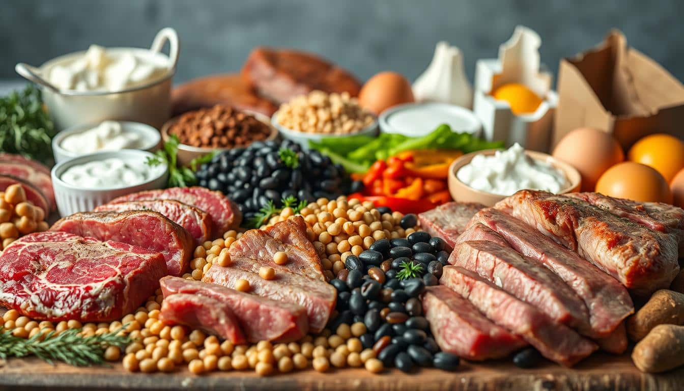 A bountiful still life showcasing an array of real food protein sources. In the foreground, a selection of lean meats including juicy steak, succulent chicken, and tender pork, arranged with care. In the middle ground, an assortment of hearty legumes like lentils, chickpeas, and black beans, their rich colors and textures on full display. In the background, a variety of nutrient-dense dairy products such as Greek yogurt, cottage cheese, and eggs, their yolks gleaming under the soft, natural lighting. The scene is captured with a high-resolution camera, using a shallow depth of field to draw the viewer's eye to the vibrant, whole food protein sources. The overall mood is one of abundance, quality, and the nourishing power of real, unprocessed ingredients.