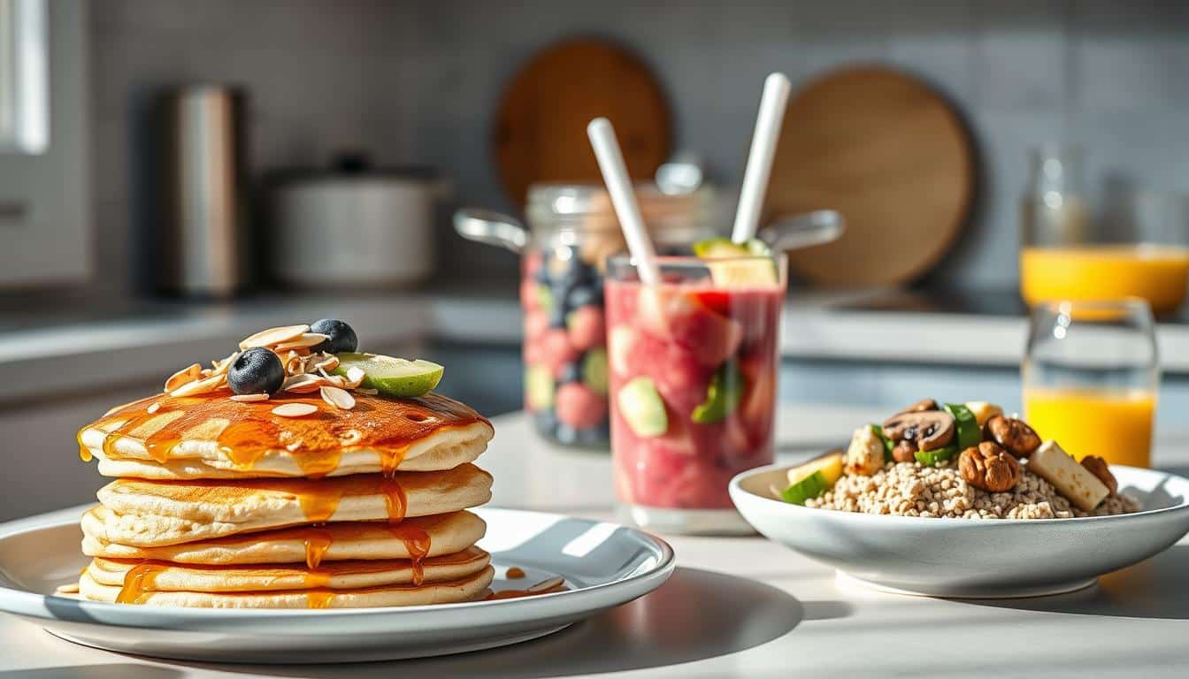 A bright, airy kitchen counter showcasing an array of high-protein breakfast options without eggs. In the foreground, a stack of fluffy pancakes made with protein-rich ingredients like Greek yogurt and cottage cheese, drizzled with honey and sprinkled with sliced almonds. Beside them, a smoothie bowl brimming with blended berries, spinach, and plant-based protein powder, topped with sliced kiwi and shredded coconut. In the middle ground, a plate of savory oatmeal loaded with sautéed mushrooms, diced avocado, and crumbled tofu. In the background, a pot of simmering steel-cut oats and a glass of freshly squeezed orange juice, all bathed in soft, natural lighting.