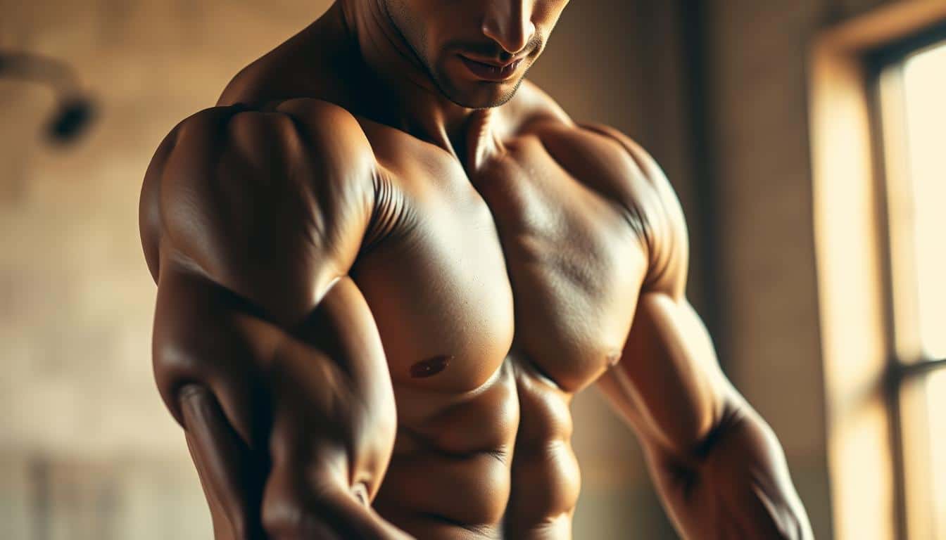 A captivating close-up shot of a lean, muscular athlete mid-workout, showcasing the benefits of dairy-free protein. The athlete's physique is finely chiseled, with well-defined muscles rippling beneath glistening skin. The lighting is warm and natural, casting a soft glow that highlights the athlete's determination and focus. The background is blurred, drawing the viewer's attention solely to the subject and their impressive physical form. The overall scene radiates energy, vitality, and the power of dairy-free protein to fuel an active lifestyle.