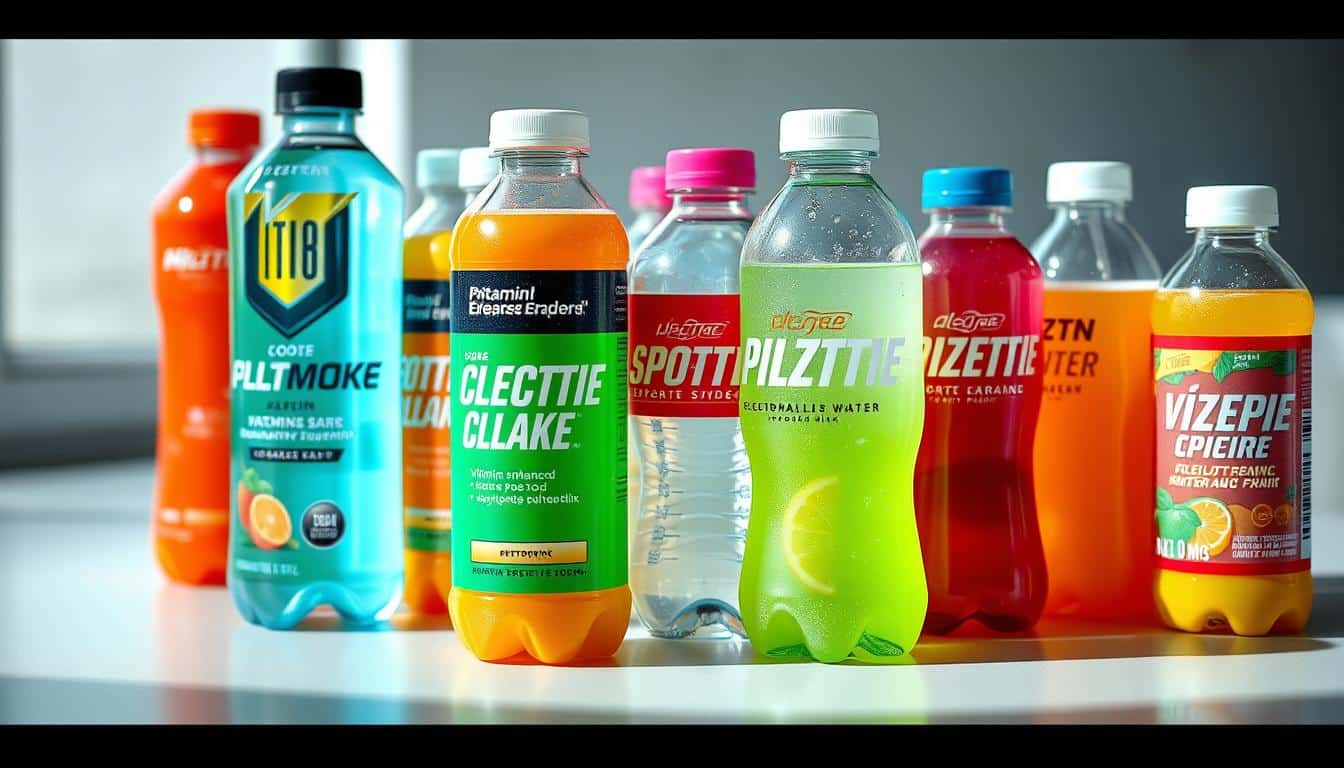 A close-up, detailed photo of various electrolyte-infused sports hydration products, including brightly colored sports drinks, vitamin-enhanced waters, and electrolyte-rich powdered mixes. The products are arranged neatly on a clean, white surface, with a crisp, natural lighting source illuminating the scene. The camera is positioned at a slight angle, capturing the vibrant colors and sleek packaging designs of the items. The overall tone is one of health, vitality, and an active, athletic lifestyle.