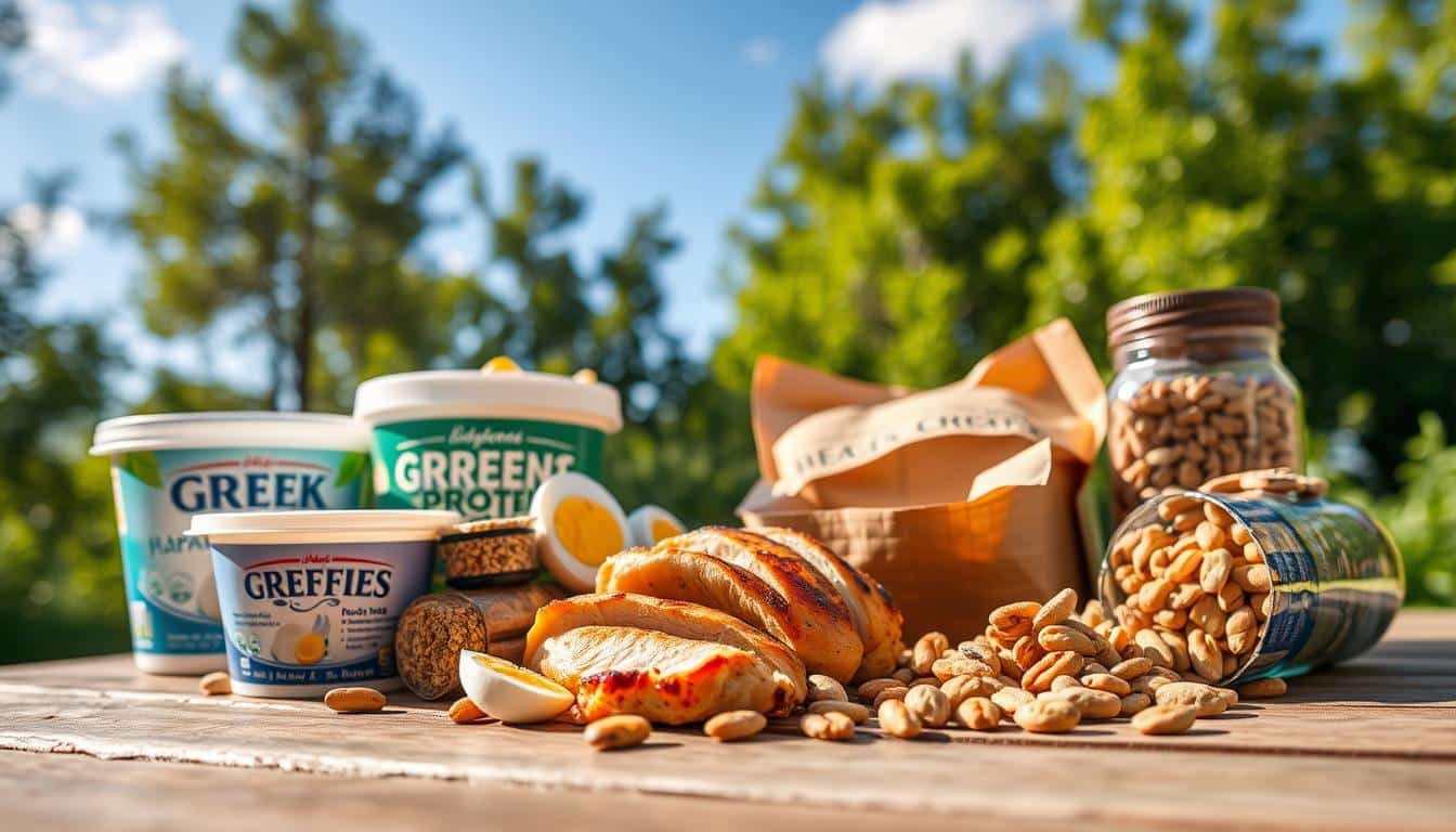 A close-up, high-resolution image of an assortment of high-protein outdoor snacks and meals, including grilled chicken breast, hard-boiled eggs, Greek yogurt, granola bars, and mixed nuts. The items are arranged neatly on a wooden picnic table against a backdrop of lush, green foliage and a clear blue sky. The lighting is natural and diffused, creating a warm, inviting atmosphere. The focus is sharp, and the depth of field is shallow, drawing the viewer's attention to the delicious, nutrient-dense food. The overall scene conveys the importance of proper nutrition for fueling outdoor activities and adventures.