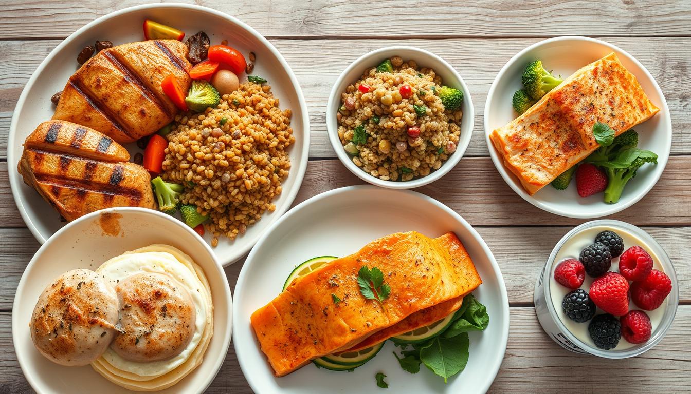 A close-up, high-resolution photograph of five simple, high-protein meals arranged on a rustic wooden table. The dishes include a grilled chicken breast with roasted vegetables, a bowl of lentil and quinoa salad, a plate of baked salmon with steamed broccoli, a stack of egg white omelets with spinach, and a cup of Greek yogurt with berries. The meals are presented in a clean, minimalist style, with natural lighting highlighting the vibrant colors and textures of the fresh, high-quality ingredients. The image conveys a sense of healthy, nourishing sustenance that is both easy to prepare and visually appealing.