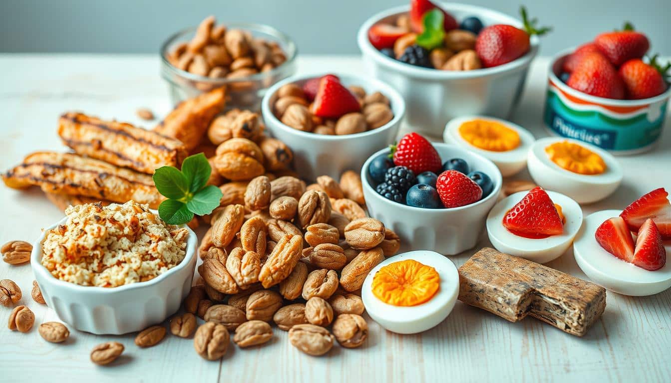 A close-up, high-resolution photograph of various protein-rich snacks, including grilled chicken strips, roasted nuts, hard-boiled eggs, Greek yogurt with berries, and energy bars, arranged on a wooden table with a white background. The lighting is bright and even, creating a clean, clinical feel. The composition draws the viewer's eye to the center of the frame, highlighting the vibrant colors and textures of the snacks. The focus is sharp, emphasizing the details and nutritional value of each item. The overall mood is one of health, wellness, and the benefits of incorporating protein-rich foods into a balanced diet.