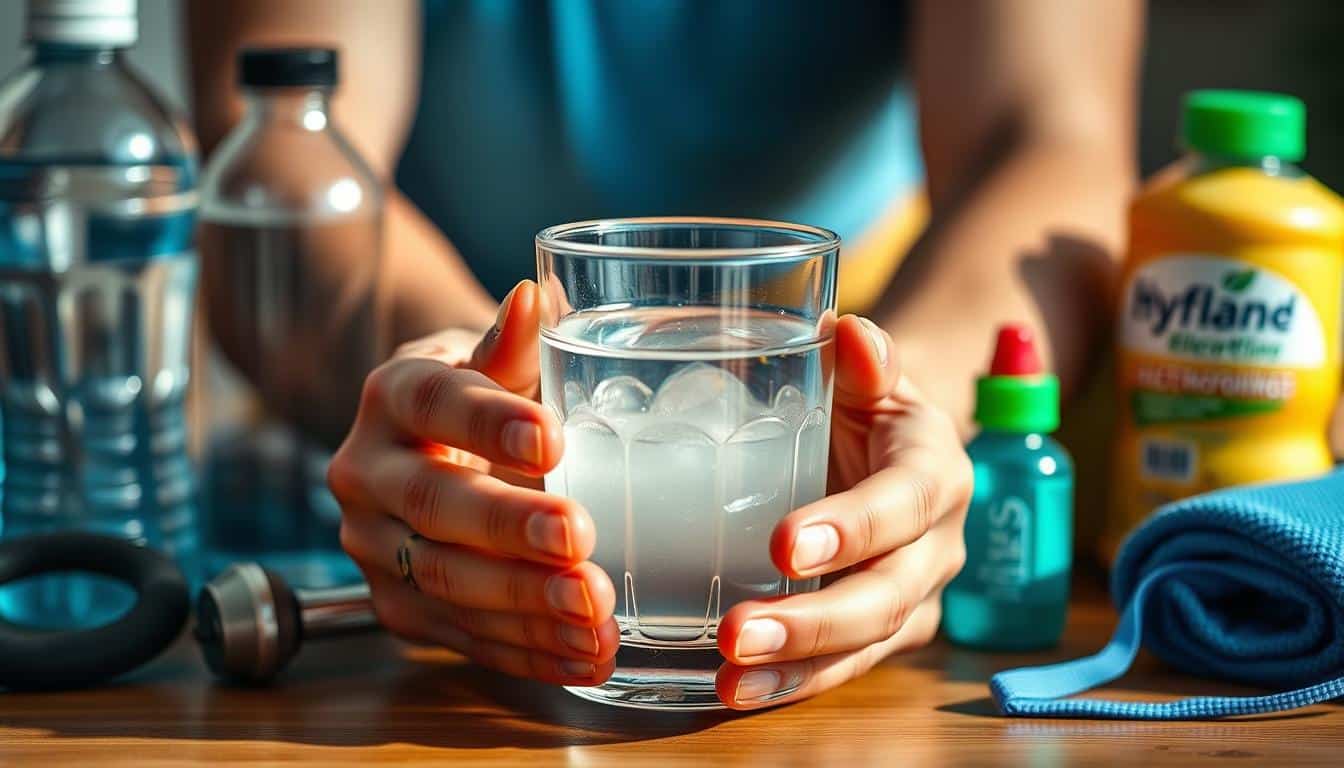 A close-up photograph of a person's hands holding a glass of clear liquid, surrounded by various sports equipment and hydration products. The image is shot in a warm, natural lighting with a shallow depth of field, emphasizing the glass and the hands. The background is blurred but suggests a fitness or exercise setting, with items like a water bottle, an electrolyte drink, and a towel visible. The composition draws the viewer's attention to the glass, conveying the importance of proper hydration during physical activity.