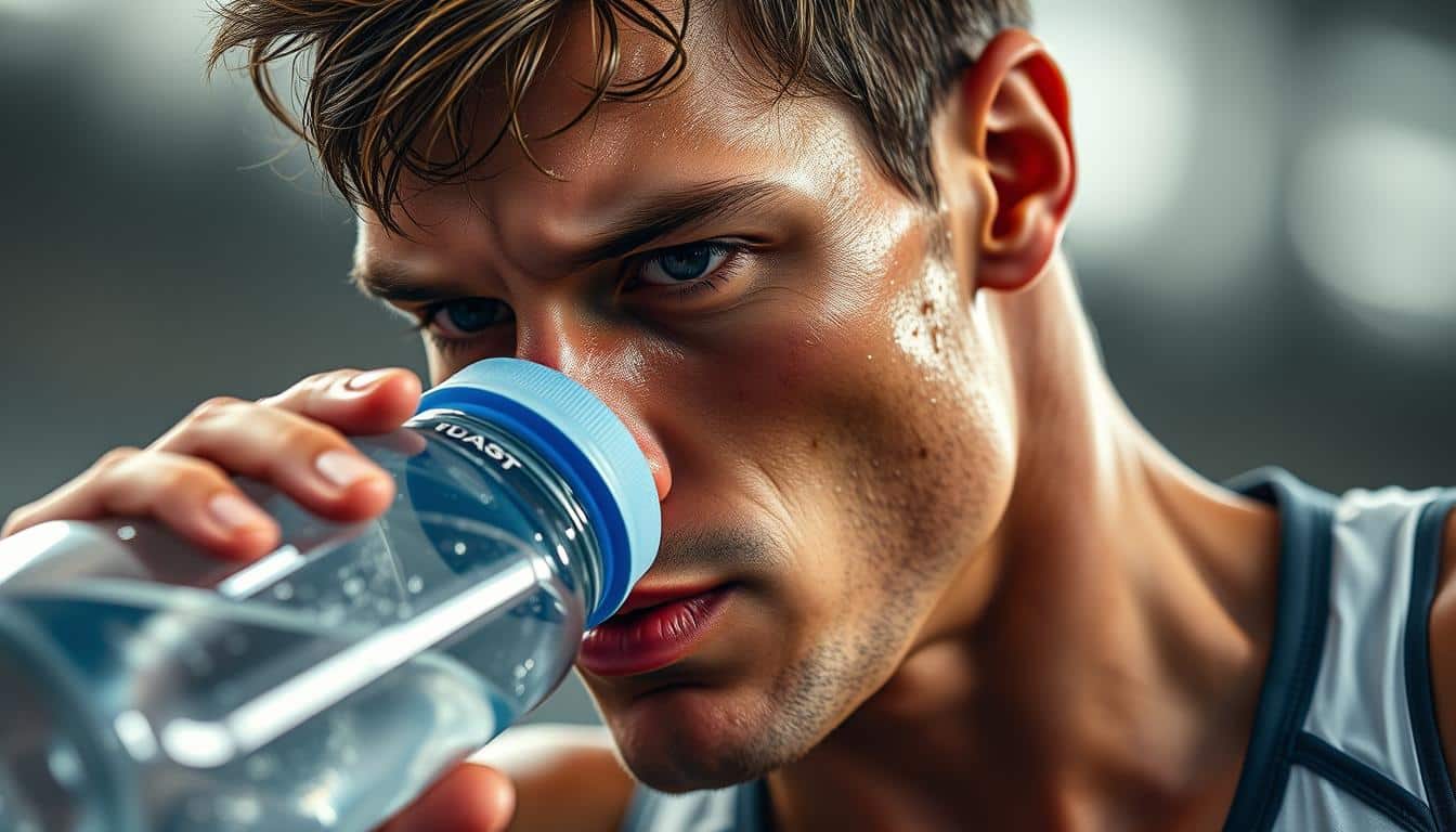 A close-up portrait of a determined athlete in mid-stride, sweat glistening on their brow as they take a long, refreshing sip from a high-quality water bottle. The athlete's face is illuminated by soft, directional lighting, highlighting their focused expression and the importance of hydration during intense physical activity. The background is blurred, keeping the viewer's attention on the athlete's dynamic, athletic form. The image conveys the essential role of proper hydration in fueling athletic performance and endurance.