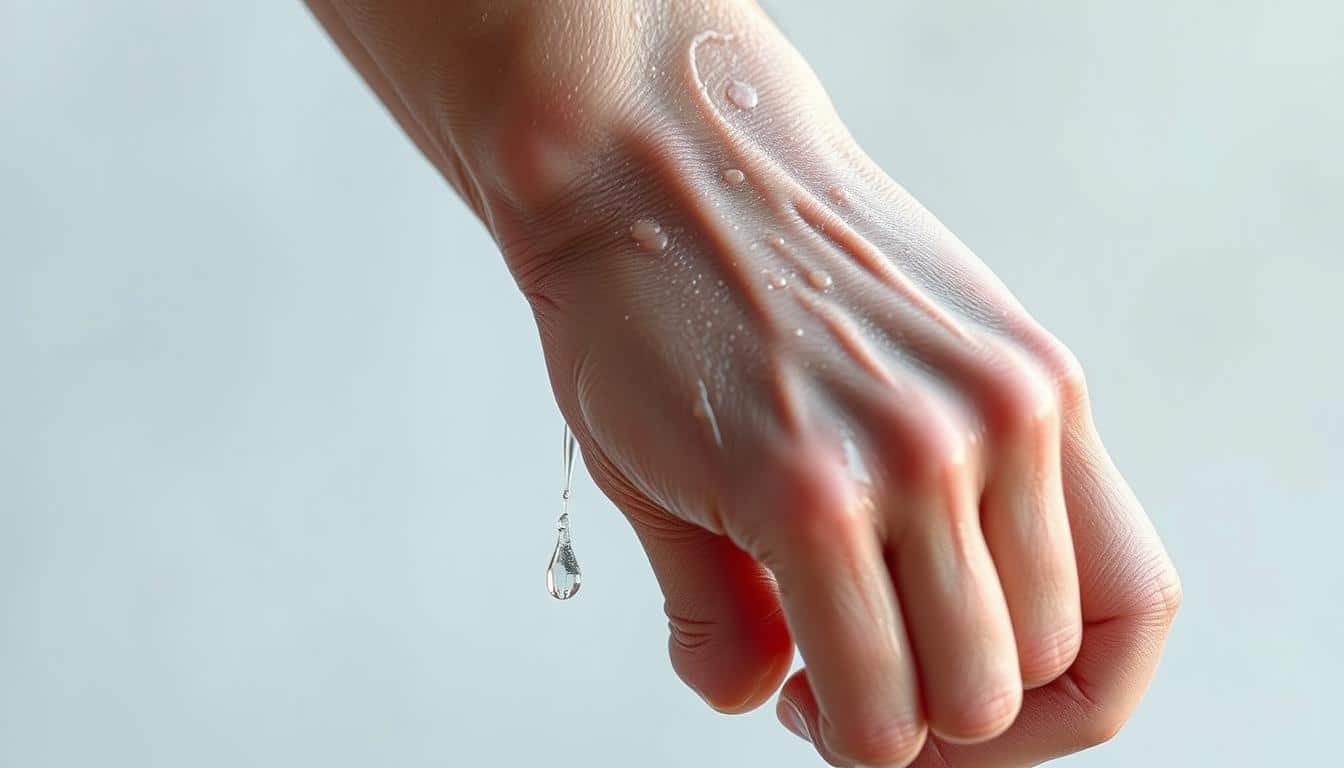 A close-up shot of a person's arm during intense exercise, sweat beading and glistening on the skin, with droplets cascading down the forearm and dripping off the fingertips. The musculature is defined, conveying the exertion, and the skin tone is flushed, indicating increased blood flow. The lighting is soft and natural, with highlights accentuating the fluid dynamics. The background is blurred, keeping the focus on the foreground details that visually demonstrate the fluid loss associated with dehydration during physical activity.