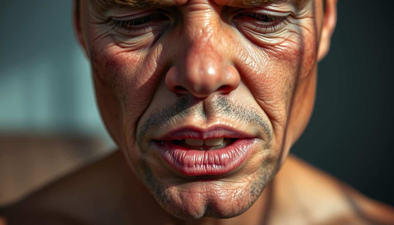 A close-up shot of a person's face and upper body, displaying visible signs of dehydration. The skin appears dry, cracked, and slightly discolored, with sunken eyes and sunken cheeks. The individual's lips are chapped and cracked, and their tongue appears slightly swollen. The lighting is soft and diffused, casting gentle shadows that accentuate the dehydration features. The background is blurred, keeping the focus on the subject's face and upper body. The overall mood is one of discomfort and concern, conveying the need for prompt hydration.