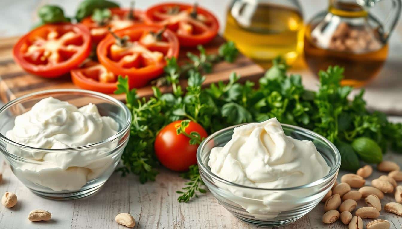 A crisp, well-lit still life showcasing the essential ingredients for a creamy, protein-rich cottage cheese pasta. In the foreground, a glass bowl filled with smooth, creamy cottage cheese, its soft, pillowy texture captured in vivid detail. Surrounding it, an array of fresh, vibrant herbs - fragrant basil, earthy thyme, and vibrant parsley - artfully arranged to suggest a rustic, homemade feel. In the middle ground, a wooden board displays sliced tomatoes, their juicy flesh and supple skins glistening under the warm, natural lighting. In the background, a glass jar of high-quality olive oil and a scattering of toasted pine nuts add depth and texture to the composition. The overall scene exudes a sense of simplicity, quality, and health, perfectly reflecting the "Essential Ingredients for Protein-Packed Pasta" theme.