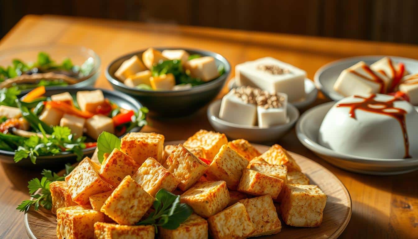 A delectable assortment of tofu dishes arranged on a wooden table, illuminated by warm, natural lighting that casts a soft, inviting glow. In the foreground, a platter of crisp, golden-brown fried tofu cubes, their surfaces lightly textured and glistening. Surrounding them, a variety of colorful vegetables and aromatic herbs, meticulously prepared to complement the tofu's subtle flavor. In the middle ground, a bowl of fragrant, steaming tofu stir-fry, the firm tofu cubes nestled among vibrant greens and a savory sauce. In the background, a plate of delicate, silky-smooth tofu pudding, topped with a drizzle of rich, dark soy sauce and a sprinkle of toasted sesame seeds. The overall scene exudes an air of culinary mastery, inviting the viewer to savor the diverse and nourishing delights of these expertly crafted tofu dishes.