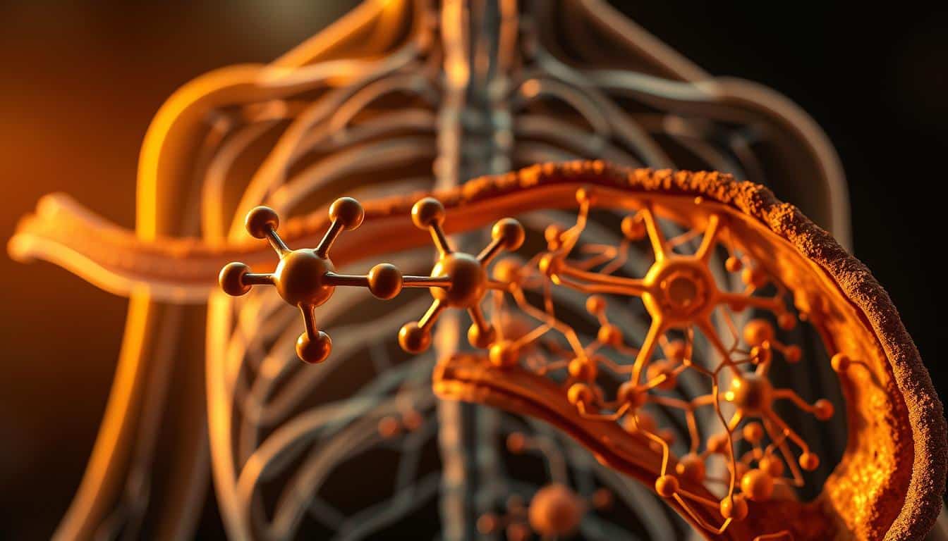 A detailed cross-section of the caffeine metabolism process, illuminated by warm, natural lighting and captured with a high-resolution camera. In the foreground, the molecular structure of caffeine is prominently displayed, surrounded by the intricate pathways of its metabolic journey through the body. The middle ground showcases the key enzymes and chemical reactions involved, depicted with precision and clarity. In the background, a subtle vascular network suggests the broader physiological context, allowing the viewer to fully appreciate the complex interplay of caffeine and the human system.