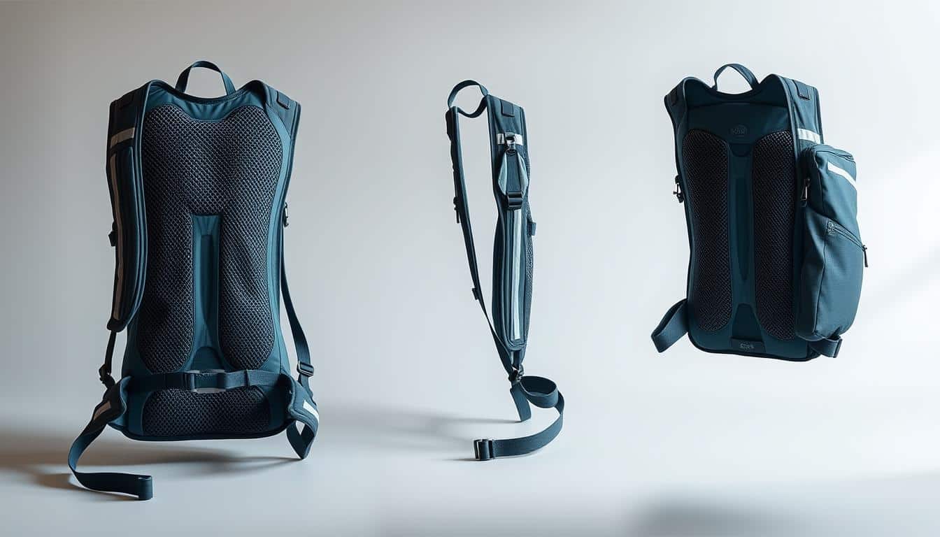 A detailed, high-resolution photograph of a hydration pack displayed on a plain, neutral-colored background. The pack is shown from multiple angles, highlighting its key design features: a contoured, ventilated back panel, adjustable sternum and waist straps, multiple pockets and compartments for storage, a large reservoir with a long hose and bite valve, and reflective trim for visibility. The pack is made of durable, high-quality materials with a sleek, modern aesthetic. Subtle, natural lighting from the side creates depth and dimension, emphasizing the pack's textures and materials. The overall image conveys the hydration pack's functionality, comfort, and suitability for endurance athletes.