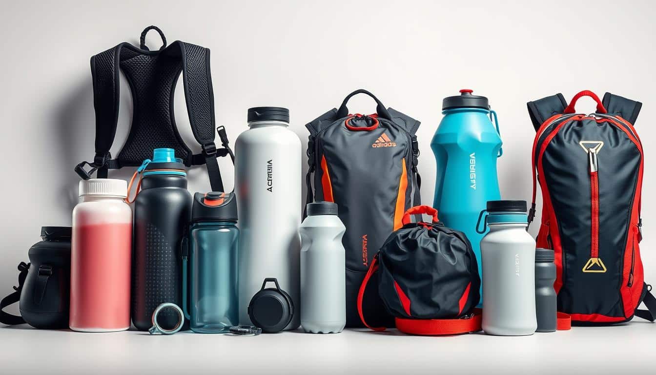 A diverse assortment of sports hydration gear, including sleek water bottles, ergonomic hydration packs, and minimalist silicone-based collapsible flasks, arranged artfully against a plain background. The equipment showcases innovative designs, premium materials, and vibrant accent colors, conveying a sense of functionality and active lifestyle. Soft, diffused lighting accentuates the contours and textures of the products, creating a visually compelling and aspirational presentation. The composition emphasizes the versatility and visual appeal of the hydration solutions, inspiring the viewer to consider their own sports and training needs.
