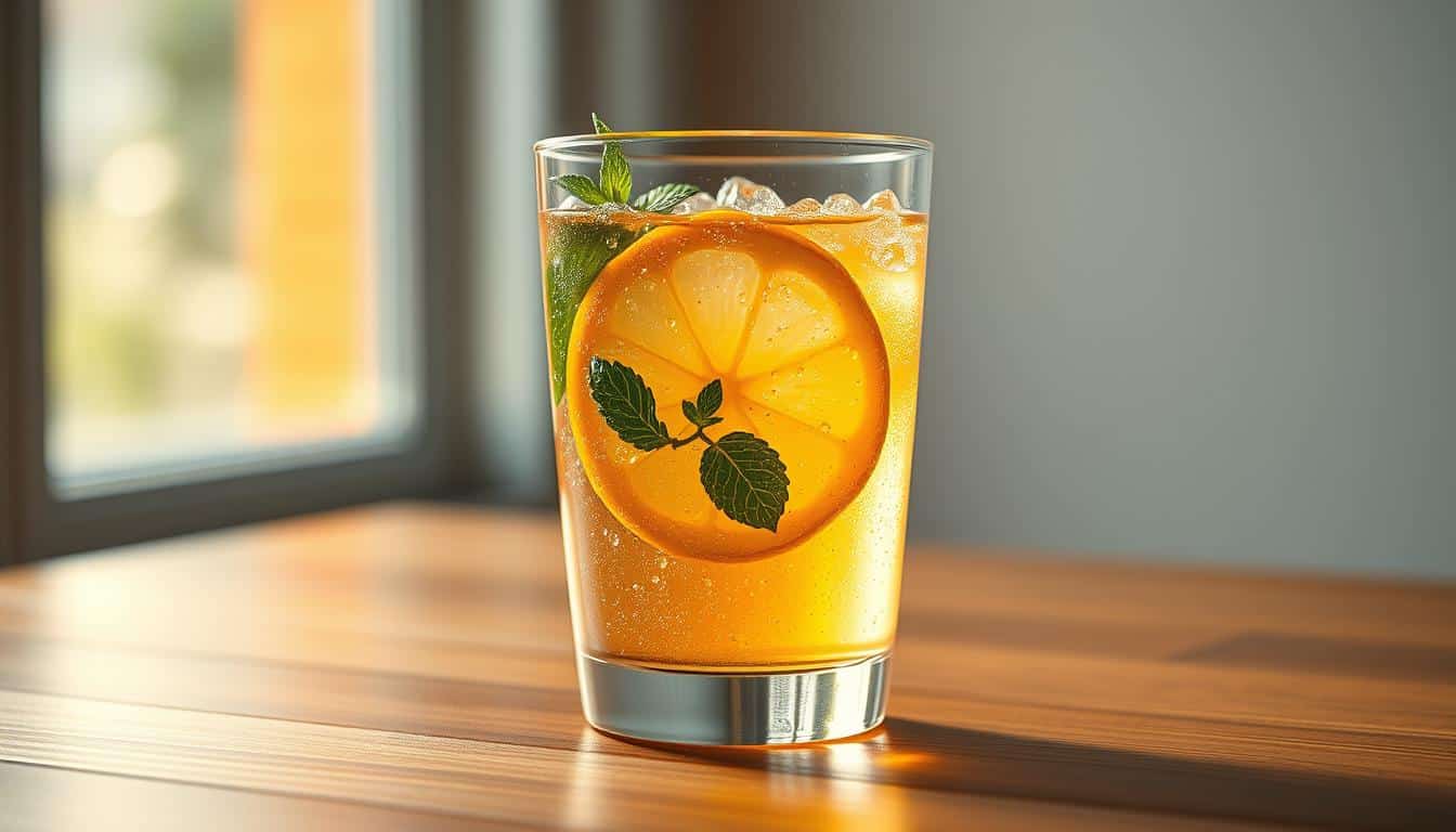 A glass filled with a sparkling, translucent liquid, garnished with a slice of fresh lemon and a sprig of mint, resting on a wooden table. The drink's vibrant hue and effervescent bubbles suggest a refreshing, natural electrolyte-infused beverage, perfect for rehydrating after an active day. Soft, warm lighting from the side creates a cozy, inviting atmosphere, while the close-up angle emphasizes the drink's alluring qualities. The composition is balanced, with the glass positioned in the center, allowing the viewer to focus on the captivating, thirst-quenching liquid.