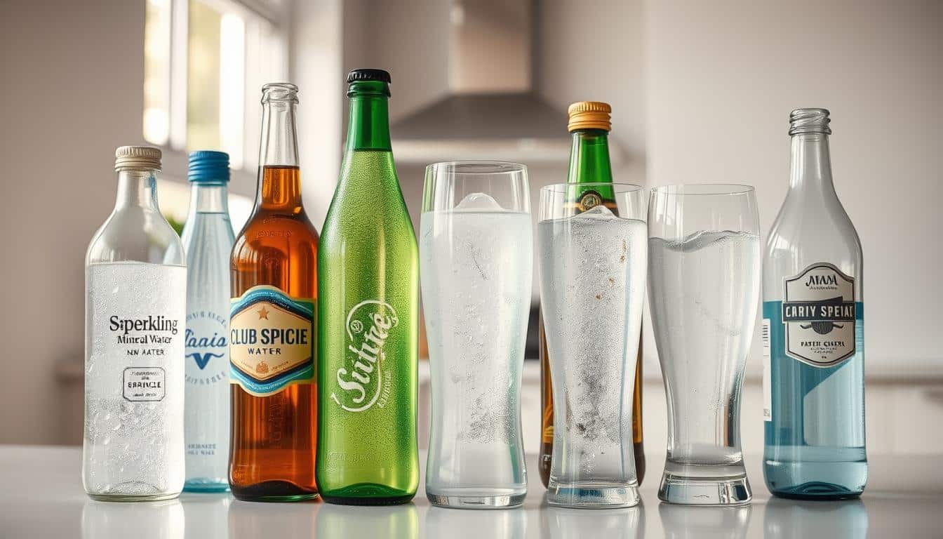 A glass vessel filled with various types of carbonated water, including sparkling mineral water, club soda, and carbonated spring water. The bottles and glasses are positioned in the foreground, allowing the viewer to clearly see their distinct shapes, labels, and bubbling carbonation. The middle ground features a clean, well-lit kitchen countertop or table, while the background showcases a simple, uncluttered setting with natural lighting filtering in from a window. The overall composition emphasizes the clarity, effervescence, and variety of the carbonated water beverages, creating a visually appealing and informative image to accompany the article's discussion on sparkling water.