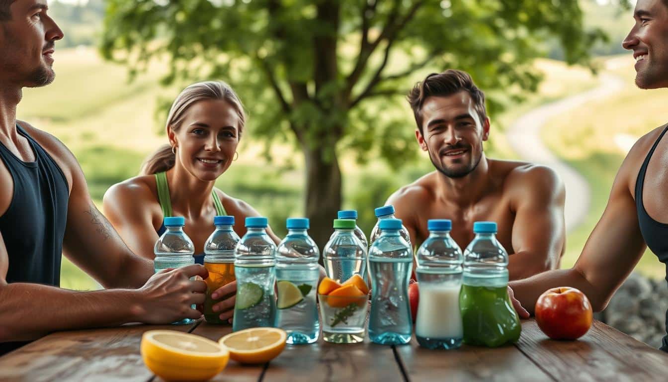 A group of hydrated athletes rehydrating after an intense workout, with water bottles, sports drinks, and fresh fruit on a wooden table in natural lighting. The athletes' faces and physiques are captured in high detail, conveying a sense of health, vitality, and the importance of proper hydration. The background features a lush, verdant landscape with a hint of a running trail, evoking the outdoor setting of their athletic pursuits. The overall scene radiates a balanced, refreshing, and rejuvenating atmosphere.