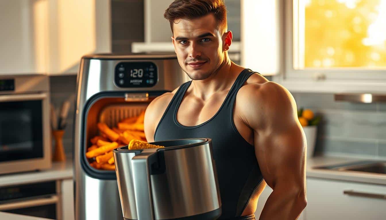 A high-energy athlete, clad in athletic gear, stands confidently before a gleaming air fryer, its stainless steel exterior catching the warm, natural light flooding the modern kitchen. Crisp, golden-brown protein-rich dishes emerge from the air fryer's capacious interior, hinting at the delectable, nutrient-dense meals it can effortlessly prepare. The athlete's expression exudes a sense of control and efficiency, reflecting the air fryer's ability to streamline healthy meal preparation for the busiest of schedules. Meticulously detailed surfaces, clean lines, and a subtly dynamic composition convey the air fryer's transformative power, elevating the athlete's performance through the convenience of its intuitive, time-saving design.