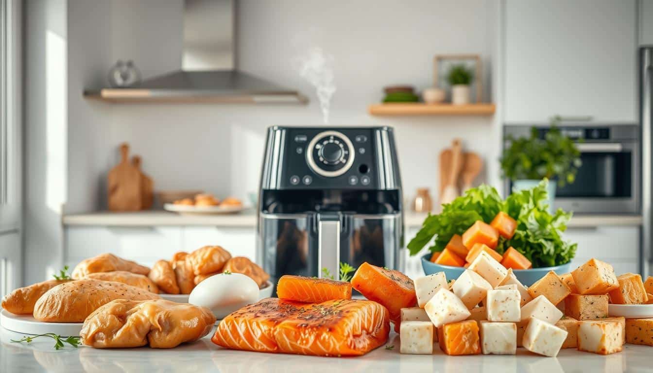 A high-quality, hyper-realistic image showcasing a variety of healthy, high-protein air fryer cooking tips. In the foreground, various air-fried protein-rich ingredients such as chicken breasts, salmon fillets, and tofu cubes are neatly arranged on a clean, modern kitchen counter. The middle ground features an open air fryer with steam escaping, highlighting the cooking process. In the background, a well-lit, airy kitchen setting with minimal, sleek decor provides an inviting atmosphere. The lighting is natural and diffused, creating soft shadows and highlights that emphasize the textures and colors of the food. The overall scene conveys a sense of efficiency, nutrition, and culinary expertise for busy, health-conscious individuals.