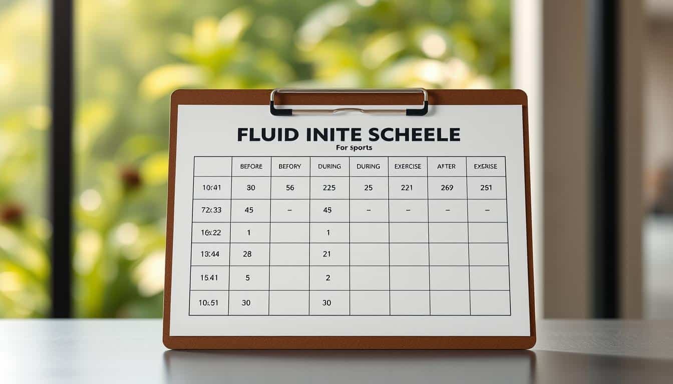 A hyper-realistic photo of a fluid intake schedule for sports, with a clean and minimalist layout. The schedule is presented on a sleek, modern clipboard against a soft, blurred background, showcasing a tranquil outdoor setting with lush greenery and gentle sunlight filtering through. The schedule's design features clear, easy-to-read typography and icons, highlighting the optimal fluid intake amounts before, during, and after exercise. The overall scene conveys a sense of professionalism, health, and a focus on athletic performance and well-being.