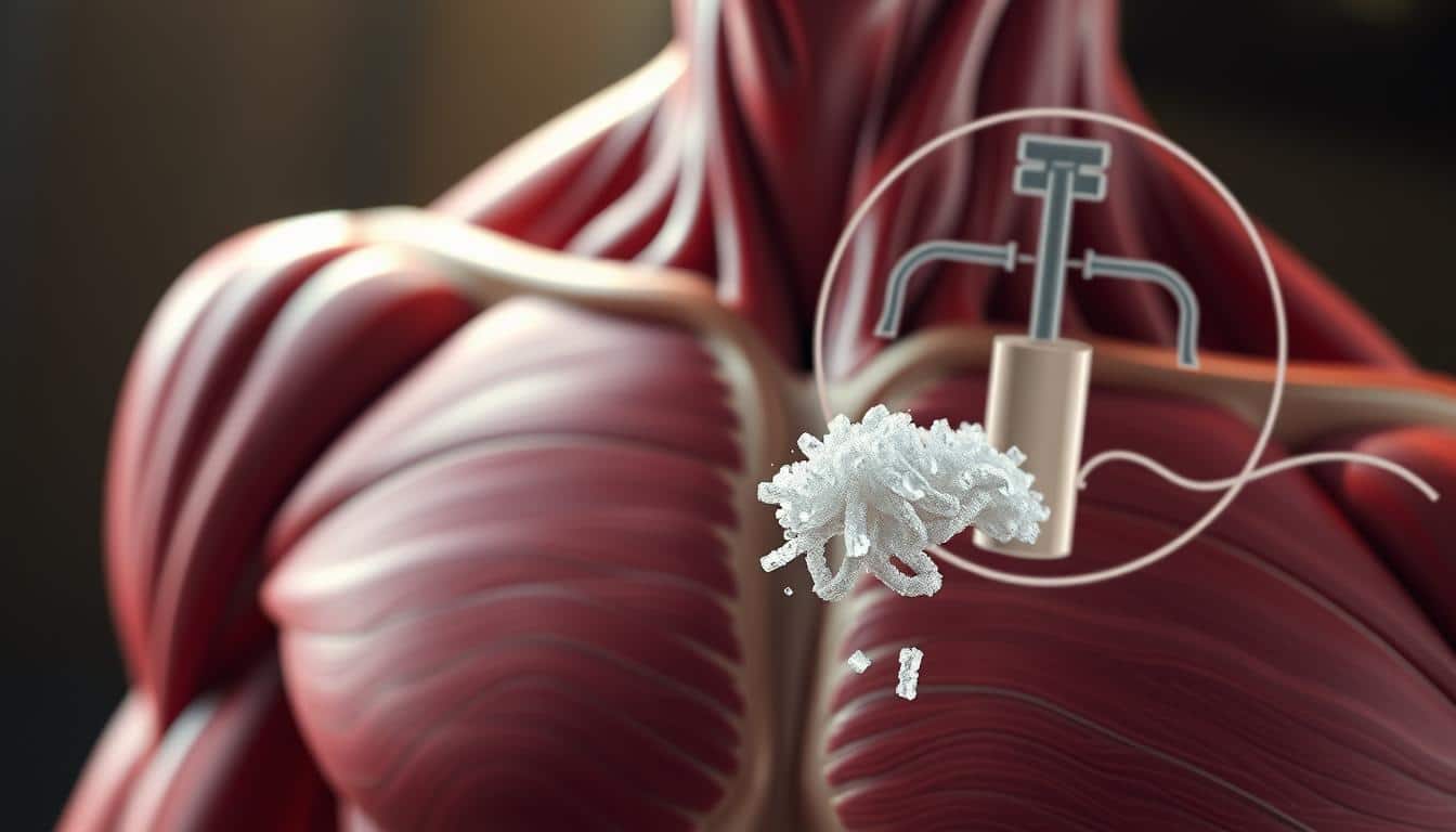 A hyper-realistic photo of a human muscular system, showcasing the intricate network of muscle fibers and tendons. In the foreground, a closeup view of a muscle fiber, highlighting the role of sodium in its contraction and relaxation. The background features a stylized representation of the sodium-potassium pump, illustrating the essential balance of these electrolytes for proper muscle function. The lighting is natural and warm, creating a sense of depth and dimensionality. The overall scene conveys the importance of sodium in maintaining healthy muscle activity, a key aspect of sports performance and recovery.