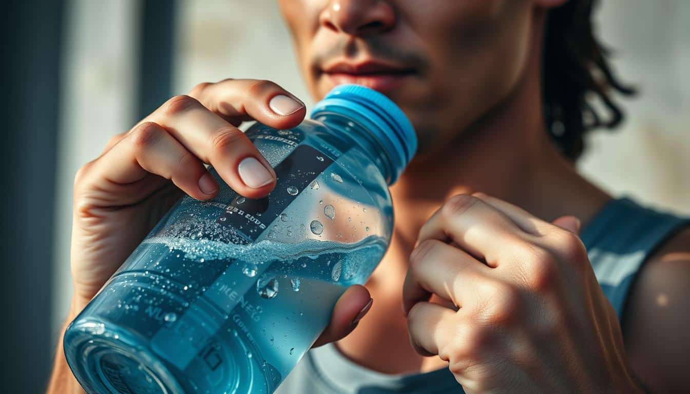 A hyper-realistic photo of an athlete carefully measuring their fluid intake during a hydration break. The scene depicts a close-up of the athlete's hands holding a sports water bottle, with droplets of water glistening on the surface. The athlete's face is partially visible, showing a focused expression as they monitor the volume of liquid consumed. The background is blurred, emphasizing the attention on the athlete's hydration adjustments. Soft, natural lighting casts subtle shadows, accentuating the textures and details of the scene. The overall mood is one of diligence and intentionality, capturing the importance of proper hydration for athletic performance.