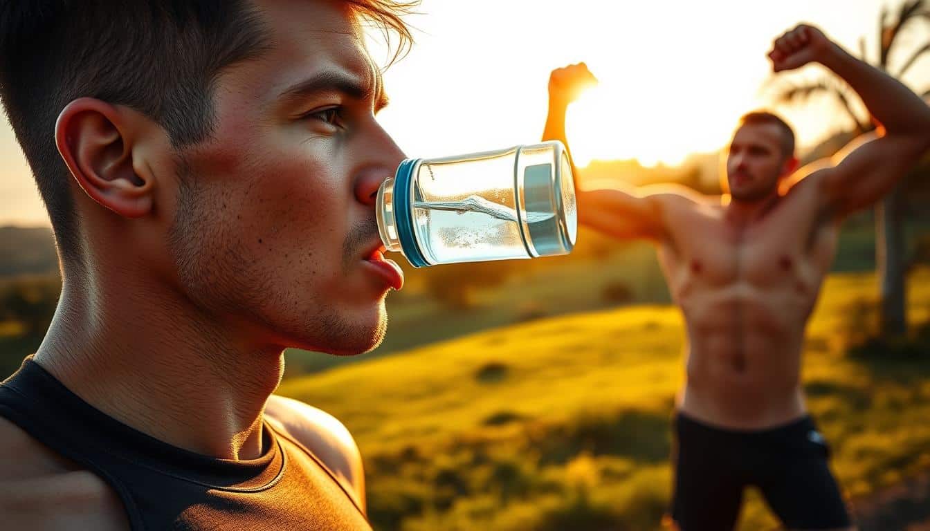 A hyper-realistic photograph showcasing the impact of hydration on athletic performance. In the foreground, an athlete taking a sip from a water bottle, their face reflecting the refreshment and rejuvenation. In the middle ground, the athlete performing a dynamic exercise, muscles sculpted and glistening with sweat. The background depicts a lush, verdant landscape, with the warm, golden hues of the sun casting a natural, ambient lighting. The scene conveys a sense of balance, power, and the vital importance of proper hydration for optimal athletic achievement. Captured with a high-quality, professional-grade camera, the image exhibits flawless proportions, lifelike details, and a naturalistic, immersive quality.