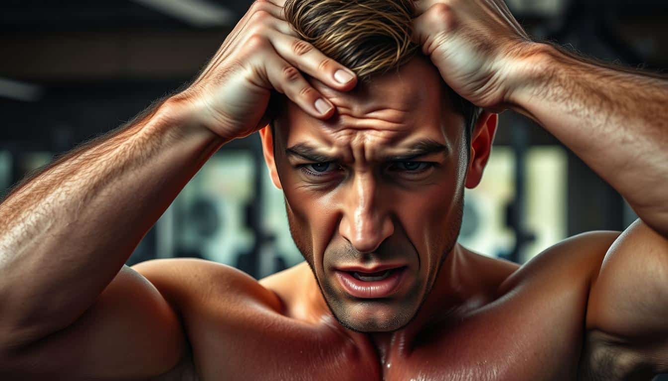 A male athlete, drenched in sweat, gripping his head in distress, displaying signs of dehydration during a strenuous workout. Veins protruding, skin flushed, eyes sunken, and lips cracked, set against a blurred gym interior with weights and exercise equipment in the background. Dramatic, natural lighting casts shadows, emphasizing the physical strain. Captured with a high-resolution DSLR camera, using a shallow depth of field to focus on the athlete's face and upper body, conveying a sense of urgency and the need for immediate hydration.