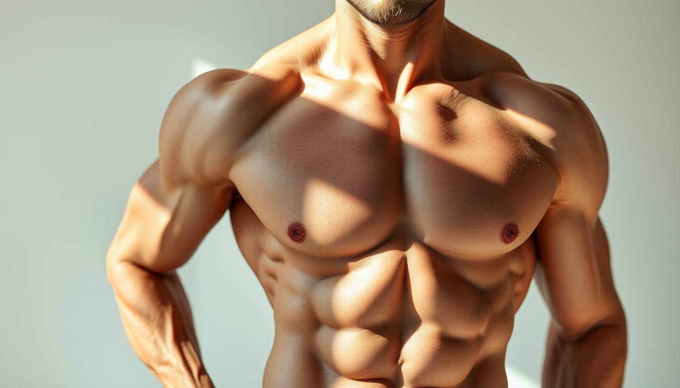 A meticulously detailed, hyper-realistic photograph showcasing a muscular male torso against a clean, minimalist background. The figure is posed in a dynamic, athletic stance, highlighting the defined musculature of the chest, shoulders, and arms. Crisp, natural lighting casts subtle shadows, accentuating the contours and textures of the skin. The scene is captured with a shallow depth of field, bringing the subject into sharp focus while the background remains softly blurred. The overall mood is one of power, strength, and the embodiment of the essential protein needs for effective muscle building.