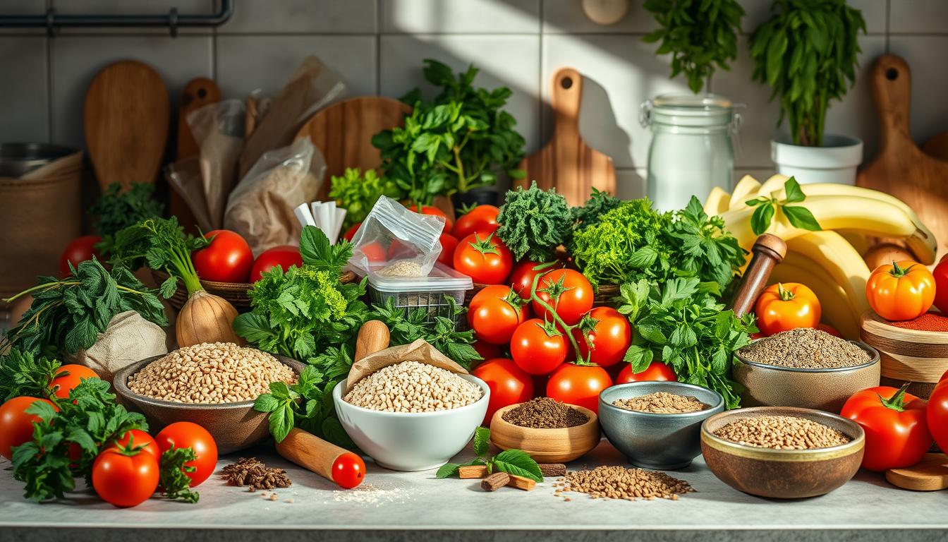A meticulously styled kitchen countertop overflowing with a vibrant assortment of fresh produce, artisanal ingredients, and essential culinary tools. Ripe tomatoes, crisp herbs, hearty grains, and fragrant spices arranged in an inviting still life, bathed in soft, natural lighting that casts warm shadows and highlights the textures. The composition is balanced and visually compelling, inspiring the viewer to explore and experiment with these versatile, high-protein kitchen staples. The scene evokes a sense of culinary adventure and the promise of delicious, nutritious meals to come.