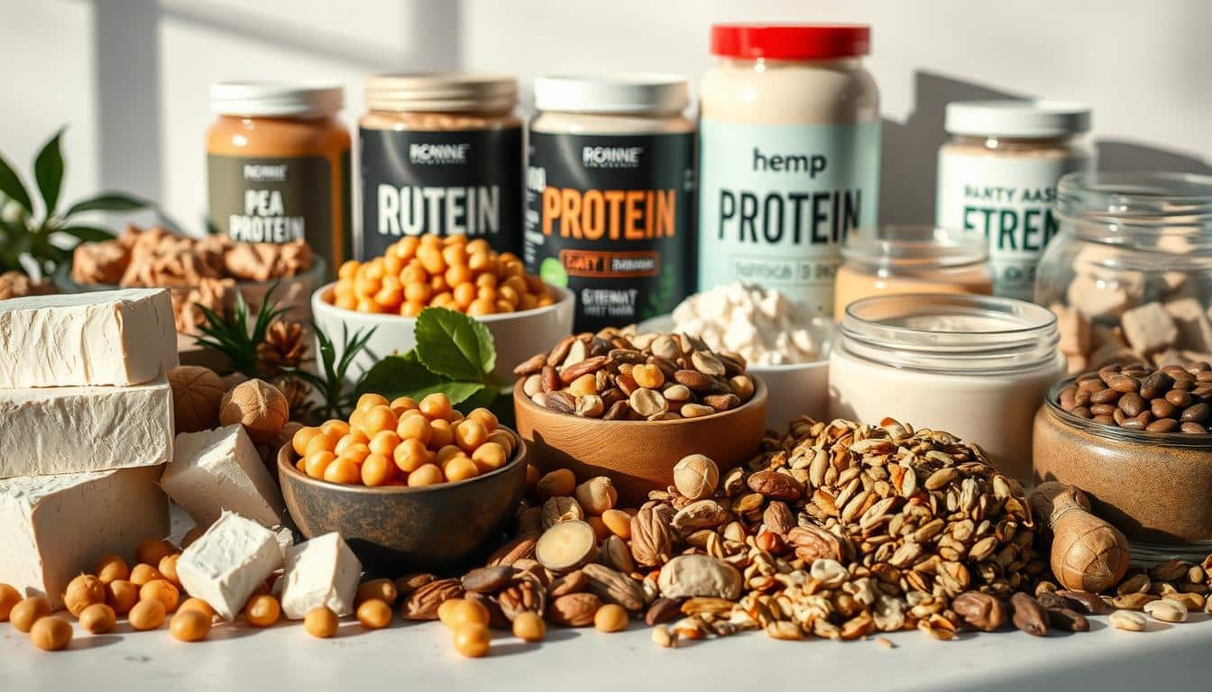 A modern, high-quality still life photograph showcasing a wide variety of non-dairy protein sources arranged in a visually appealing composition. In the foreground, there are blocks of tofu, tempeh cubes, and a bowl of chickpeas. In the middle ground, there are a scattering of roasted nuts, seeds, and dried legumes. In the background, there are various plant-based protein powders, such as pea, hemp, and soy, neatly displayed in glass jars. The lighting is natural and soft, casting warm shadows that accentuate the textures and colors of the ingredients. The overall mood is clean, healthy, and informative, inviting the viewer to explore these alternative protein options for an active lifestyle.