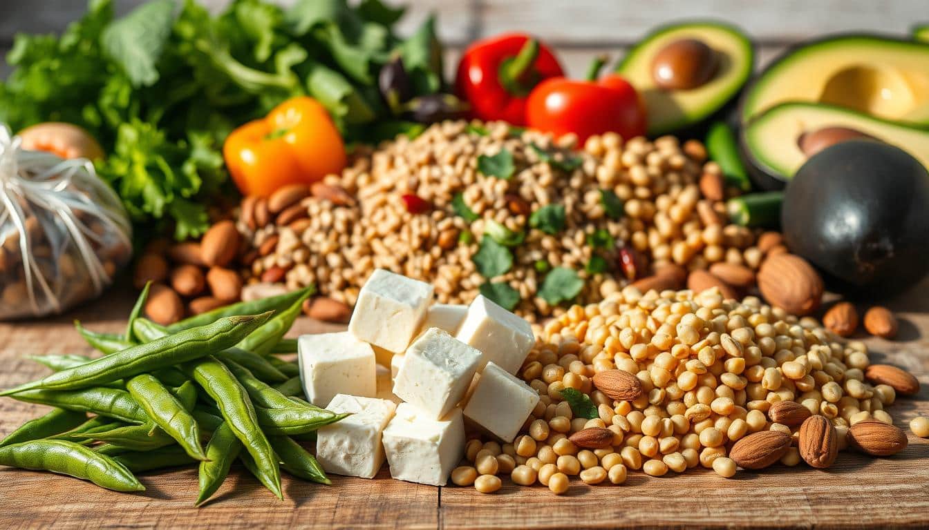 A pristine still life arrangement on a rustic wooden table, capturing an array of vibrant, high-protein vegetarian ingredients. In the foreground, freshly shelled edamame, glistening tofu cubes, and a pile of nutrient-dense lentils. In the middle ground, a vibrant mix of quinoa, chickpeas, and roasted almonds. In the background, a selection of leafy greens, colorful peppers, and ripe avocado slices. The lighting is soft and natural, casting warm shadows and highlighting the diverse textures and rich colors of the ingredients. The overall composition conveys a sense of balance, abundance, and the potential for a nourishing, protein-packed vegetarian meal.