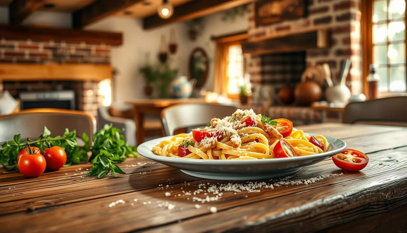 A rustic wooden table set with a steaming plate of cottage cheese pasta, surrounded by fresh herbs, sliced tomatoes, and a sprinkle of grated parmesan. The light filters in through a nearby window, casting a warm, golden glow across the scene. In the background, a cozy cottage interior with exposed beams and a brick fireplace adds to the inviting atmosphere. The image conveys a sense of homemade comfort and healthy, high-protein indulgence, perfect for the "Introduction: High Protein Pasta Recipes" section of the article.
