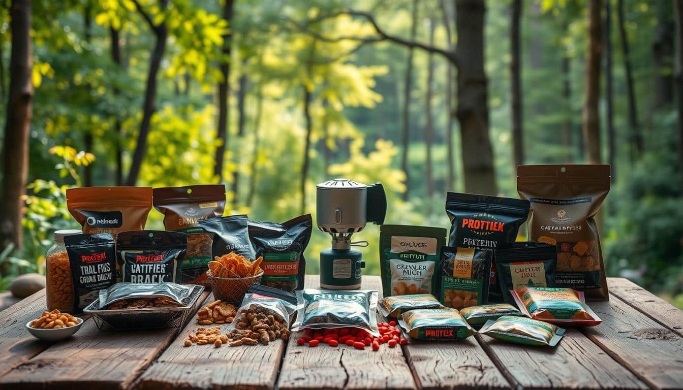 A rustic wooden table set with an assortment of high-protein, no-cook camping meals. In the foreground, an array of trail mix, jerky, granola bars, and protein-rich snacks are neatly arranged. In the middle ground, a compact camping stove and a small water bottle add to the outdoor adventure theme. The background features a lush, verdant forest landscape, with sunlight filtering through the trees, creating a warm, natural ambiance. The scene is captured with a wide-angle lens, showcasing the simplicity and convenience of these quick, nourishing meals for busy campers.