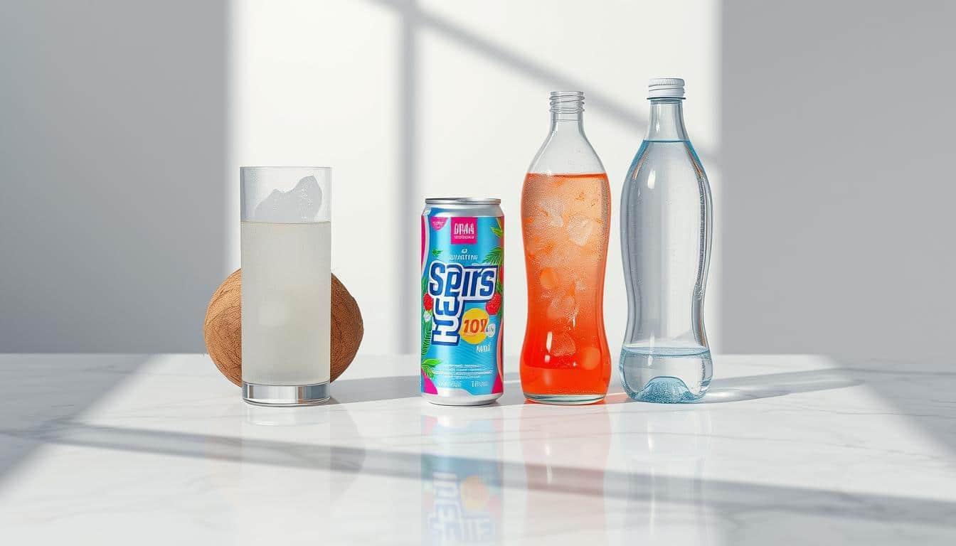 A sleek, modern table top displaying an array of hydration beverages - a tall glass of refreshing coconut water, a colorful sports drink in a slim aluminum can, and a crystal-clear bottle of mineral water. The scene is bathed in soft, natural lighting that accentuates the vibrant colors and textures of the various liquids. The tabletop is made of smooth, polished marble, creating a high-end, sophisticated atmosphere. The beverages are arranged in a visually appealing manner, inviting the viewer to compare and contrast their unique properties. The overall composition is clean, balanced, and captures the essence of the "Beverage Comparison" section of the article.