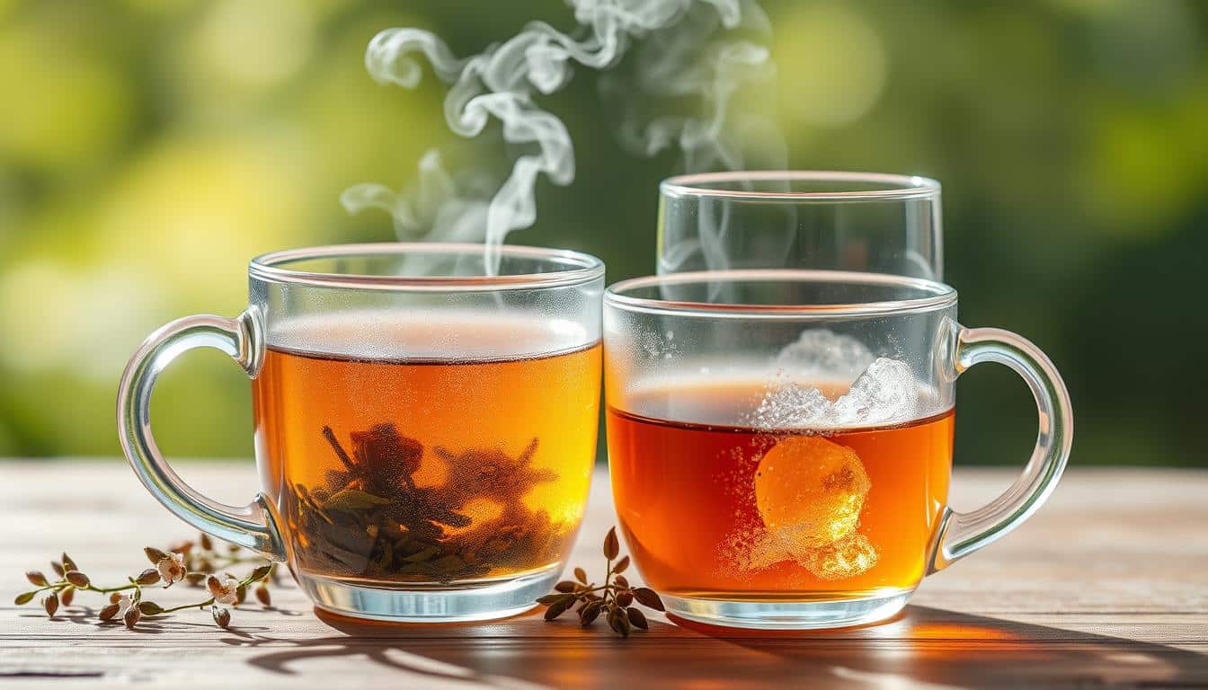 A steaming mug of herbal tea, its surface gently rippling, positioned alongside a glass of refreshing, crystal-clear water. The warm, amber liquid in the mug emits wisps of steam, suggesting the soothing, hydrating properties of the tea. The water glass, with its condensation-covered exterior, reflects the ambient light, conveying a sense of thirst-quenching refreshment. The arrangement is set against a softly blurred, natural background, highlighting the central focus on the two beverages. Soft, directional lighting casts subtle shadows, accentuating the textures and shapes of the cups. The overall scene evokes a peaceful, rejuvenating atmosphere, visually communicating the article's message about the hydrating benefits of tea without dehydrating effects.