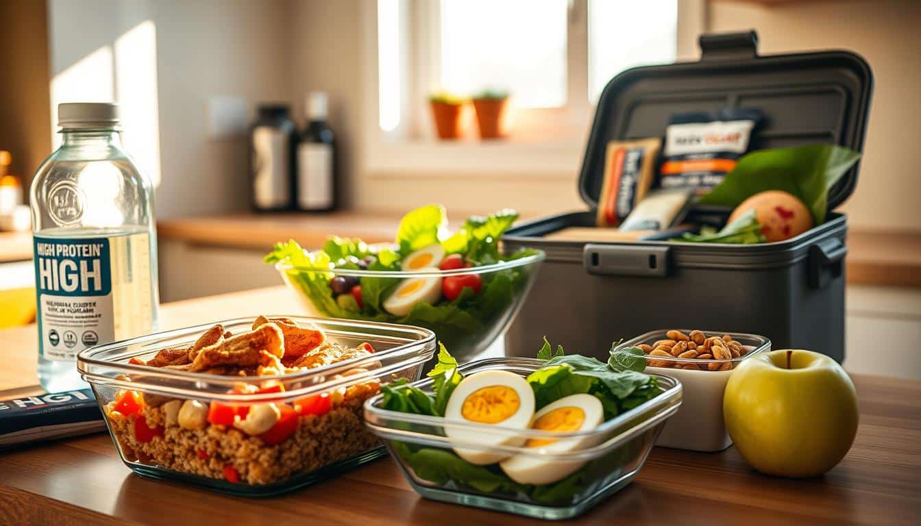 A sun-drenched kitchen counter, adorned with a spread of freshly prepared high-protein meals. In the foreground, a glass container filled with grilled chicken, quinoa, and vibrant vegetables, accompanied by a water bottle and a protein bar. In the middle, a leafy green salad with boiled eggs, avocado, and a drizzle of olive oil dressing. In the background, a sleek lunchbox stands ready, its compartments filled with a variety of healthy snacks - Greek yogurt, mixed nuts, and an apple. The lighting is warm and natural, casting a soft glow over the scene, highlighting the nutritious and well-balanced offerings perfect for a busy athlete's lunchbox.