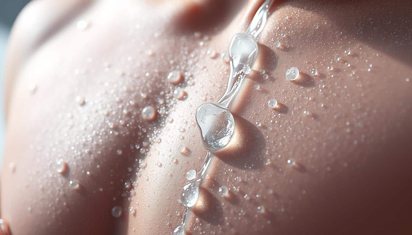 A transparent, translucent liquid cascading down the skin, glistening in the cold, crisp light. Tiny, crystalline droplets forming on the pores, gradually coalescing into larger rivulets that trickle along the contours of the body. The scene captures the physiological process of water loss during cold weather physical activity, with an emphasis on the fluid dynamics and the interplay of light and moisture. Realistic anatomical details, precise rendering of skin texture, and a muted, subdued color palette evoke the scientific and clinical nature of the subject matter.