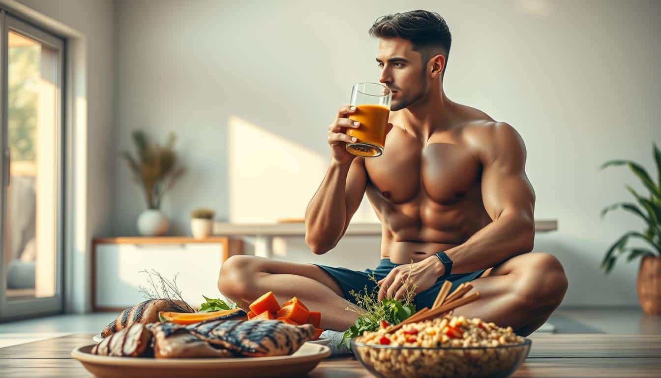 A vibrant and dynamic scene depicting the restorative benefits of protein-rich meals for athletes. In the foreground, a muscular athlete sits cross-legged, sipping from a glass filled with a nutrient-dense smoothie. Intricate details like beads of sweat and contoured musculature create a hyper-realistic portrayal. The middle ground showcases an array of wholesome, high-protein foods such as grilled chicken, roasted vegetables, and a hearty grain bowl. Soft, diffused lighting bathes the scene in a warm, golden glow, evoking a sense of rejuvenation and recovery. In the background, a minimalist yet serene setting, perhaps a sun-dappled outdoor space or a cozy, modern kitchen, provides a calming backdrop for this scene of athletic restoration.