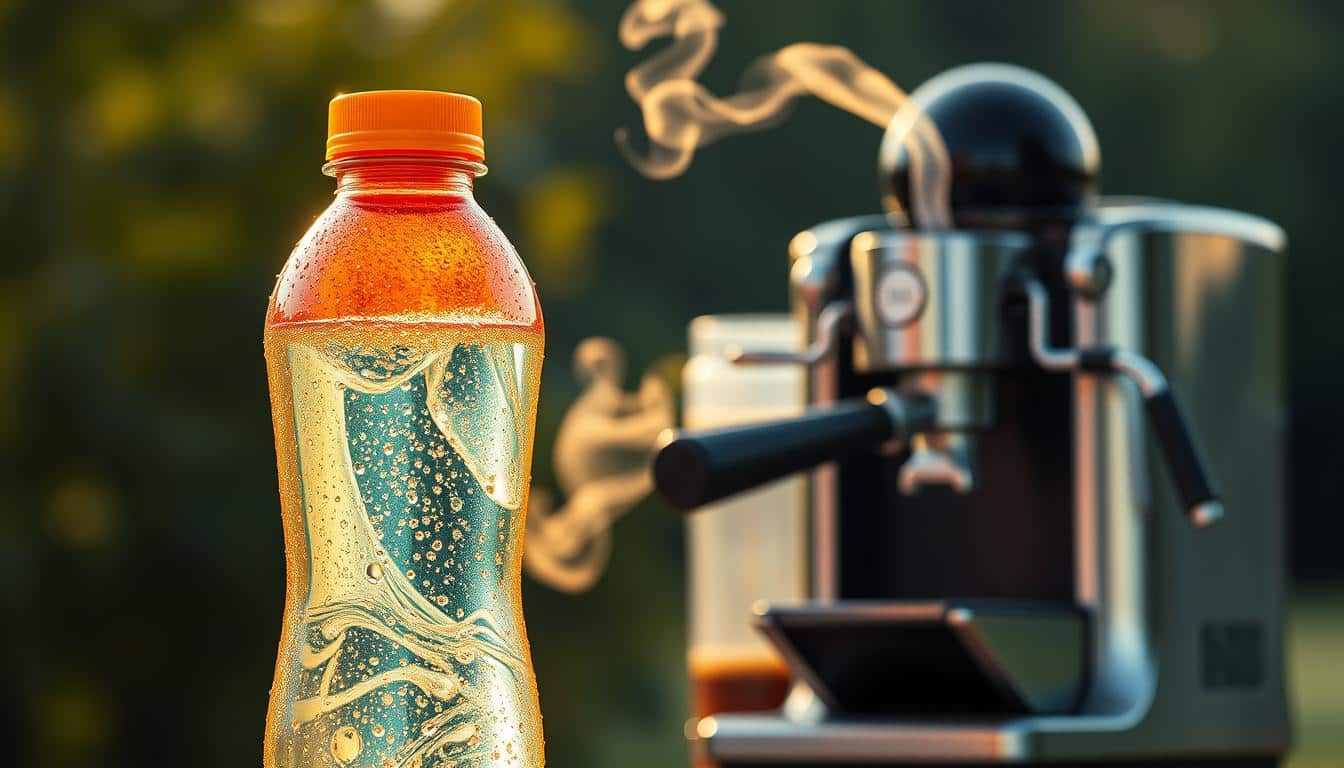 A vibrant and dynamic sports drink bottle, filled with a sparkling, translucent liquid, stands prominently in the foreground. Droplets of condensation cling to its surface, creating a refreshing, hydrating visual. In the middle ground, a sleek, chrome espresso machine emits a wisp of fragrant steam, symbolizing the invigorating power of caffeine. The background is a softly blurred, natural setting, with lush greenery and a warm, golden-hour lighting that casts a serene, athletic atmosphere. The composition is carefully balanced, inviting the viewer to ponder the intricate relationship between caffeine, hydration, and athletic performance.