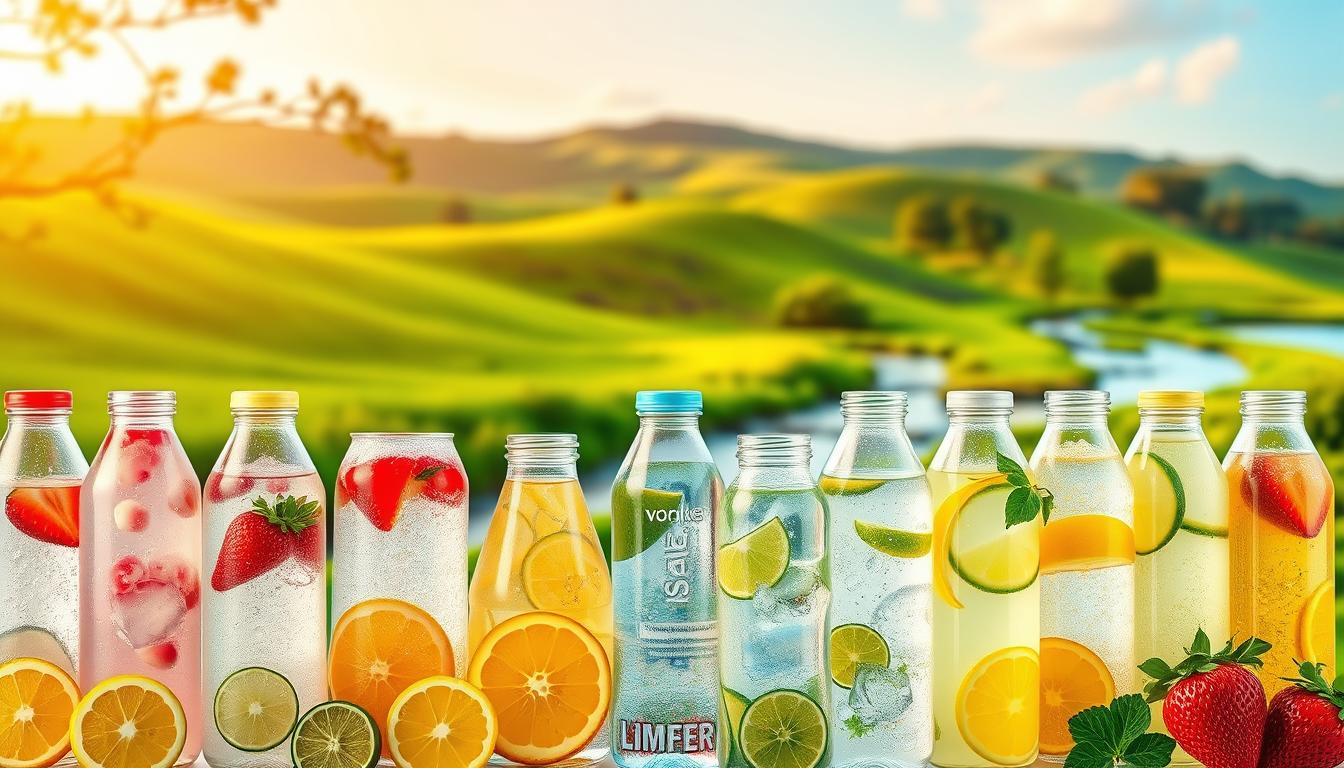 A vibrant display of various flavored water options against a serene natural backdrop. In the foreground, an array of glass bottles or cans filled with lemon, lime, strawberry, and other refreshing fruit-infused waters, arranged with careful symmetry. The middle ground features a lush, verdant landscape with rolling hills, swaying trees, and a tranquil stream reflecting the sky's soft hues. Warm, natural lighting bathes the scene, creating a sense of wellness and invigoration. The composition emphasizes the healthy, hydrating alternatives to sugary beverages, perfect for athletic performance and overall well-being.