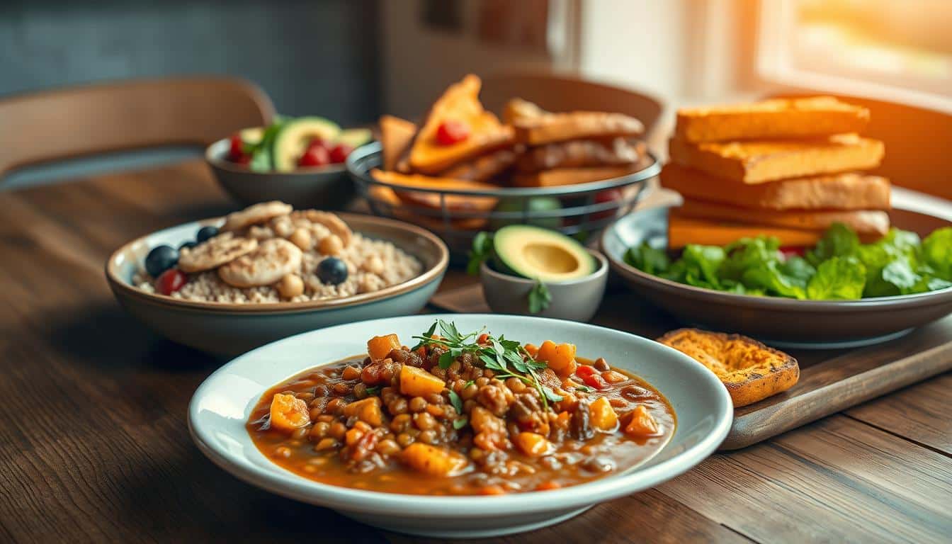 A vibrant, high-resolution photograph showcasing an assortment of affordable, protein-packed meals on a wooden table. In the foreground, a plate features a hearty bowl of lentil and vegetable stew, garnished with fresh herbs. Next to it, a crisp salad with grilled chicken, avocado, and roasted chickpeas. In the middle ground, a bowl of quinoa and mixed berries, and a stack of baked tofu and roasted sweet potato slices. The background is softly blurred, highlighting the delicious and nutritious dishes. Warm, natural lighting casts a cozy glow, creating an inviting and appetizing scene.