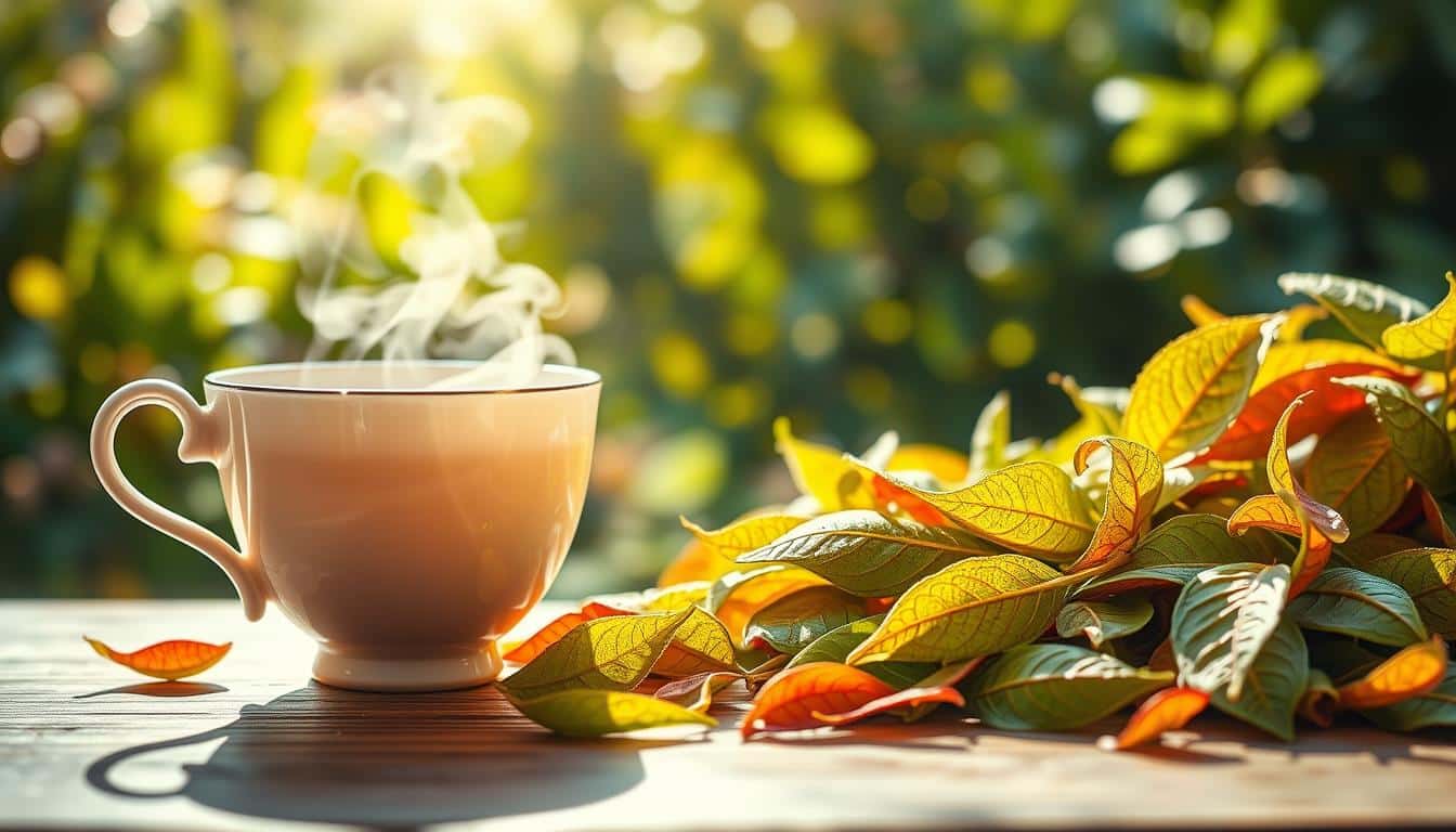 A vibrant, hyper-realistic photograph showcasing the health benefits of tea. In the foreground, a delicate porcelain teacup filled with steaming, aromatic tea, reflecting the warm light. The middle ground features an array of fresh, organic tea leaves, their intricate veins and vivid hues captured in stunning detail. In the background, a serene, sun-dappled garden setting, with lush greenery and a peaceful, calming atmosphere. The image conveys a sense of tranquility, wellness, and the restorative power of tea, emphasizing its role in hydration and muscle recovery.