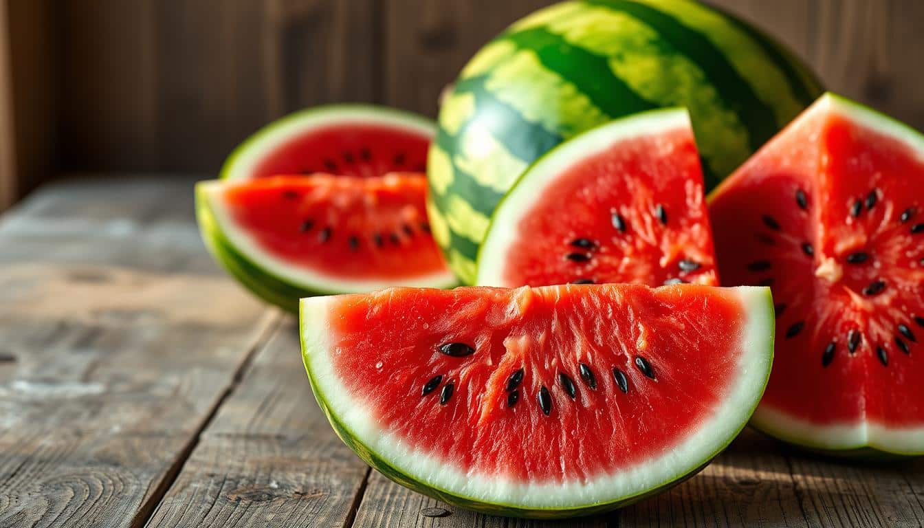 A vibrant, hyper-realistic still life image of freshly cut watermelon slices arranged on a rustic wooden table. The watermelon is ripe, with a deep red, juicy interior and glistening black seeds. The foreground showcases the cross-section of the watermelon, highlighting its intricate cellular structure and nutrient-rich composition. In the middle ground, additional slices are positioned to reveal the textural rind and lush green skin. Warm, natural lighting casts gentle shadows, accentuating the juicy, succulent qualities of the fruit. The overall scene conveys a sense of health, vitality, and the nutritional goodness of watermelon.