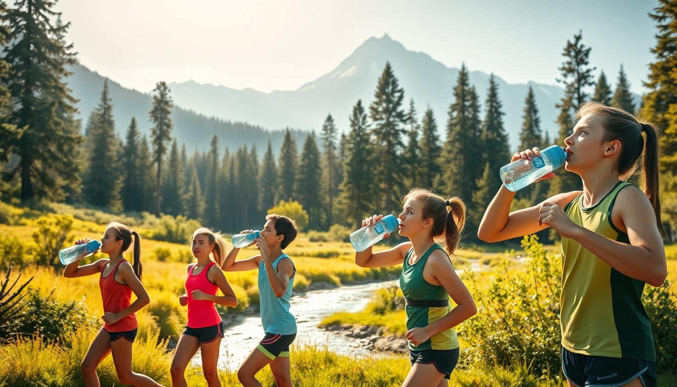 A vibrant outdoor scene showcasing the benefits of proper hydration for young athletes. In the foreground, a group of runners in athletic gear hydrating from sleek, reusable water bottles. The middle ground features a lush, verdant landscape with towering trees and a sparkling stream. Warm, golden sunlight filters through the foliage, casting a soft, natural glow over the scene. In the background, a towering mountain range rises majestically, its peaks capped with pristine snow. The overall mood is one of health, vitality, and the rejuvenating power of nature. A crisp, high-resolution photo captured with a wide-angle lens to showcase the expansive scene.