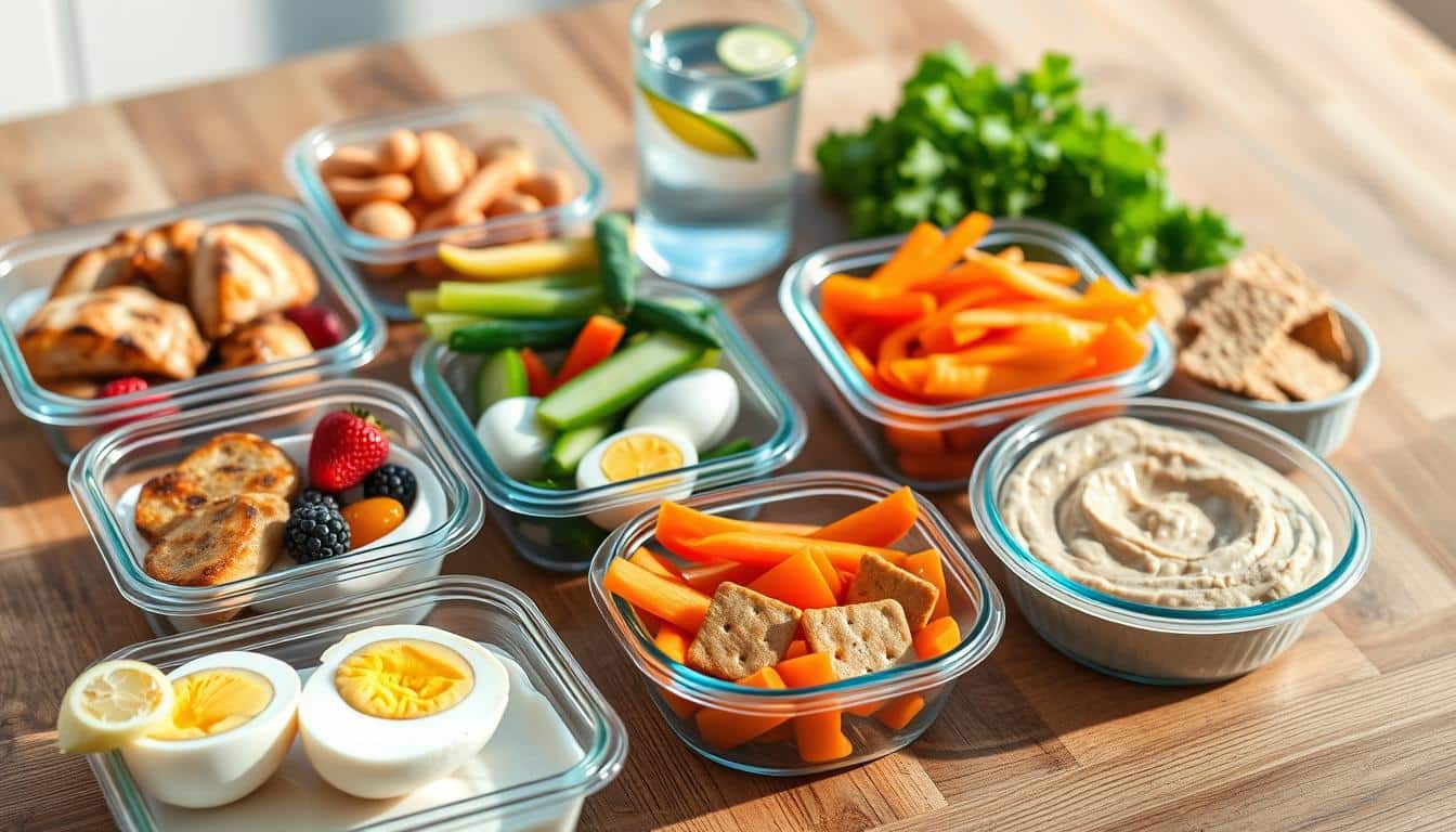 A vibrant, photorealistic image of a balanced lunch spread, featuring a variety of high-protein ingredients laid out on a wooden table. In the foreground, there are containers of grilled chicken, hard-boiled eggs, and Greek yogurt with fresh berries. The middle ground showcases a selection of crisp vegetables like carrots, cucumbers, and bell peppers, accompanied by hummus and whole-grain crackers. In the background, a glass of chilled water with lemon slices completes the refreshing and nourishing scene. The lighting is soft and natural, casting gentle shadows and highlighting the textures and colors of the meal. The overall composition is visually appealing, emphasizing the balance and simplicity of a high-protein, low-carb lunch that could fuel an active day.