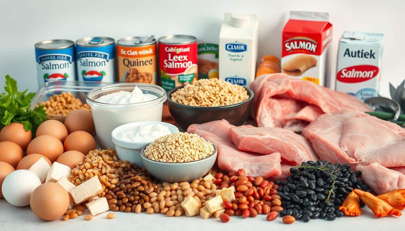 A vibrant still life capturing an array of affordable protein sources. In the foreground, a selection of eggs, tofu, lentils, and canned beans, arranged with care. The middle ground features lean cuts of chicken and pork, alongside a bowl of quinoa and a glass jar of Greek yogurt. In the background, a row of canned tuna and salmon cans, as well as a carton of low-fat milk, all set against a clean, minimalist backdrop. The lighting is soft and diffused, creating a warm, inviting atmosphere that emphasizes the natural colors and textures of the ingredients. The overall composition is balanced and visually appealing, conveying the idea of healthy, budget-friendly protein sources.