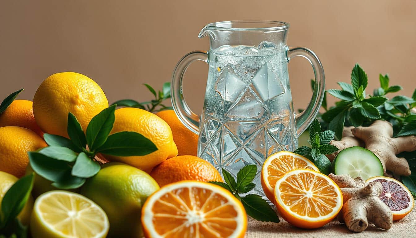 A vibrant still-life composition capturing the essence of natural hydration ingredients. In the foreground, an array of freshly harvested citrus fruits - lemons, limes, and oranges - their vibrant peels glistening under soft, natural lighting. In the middle ground, a glass pitcher filled with clear, crystalline water, beads of condensation adorning its surface. Surrounding the pitcher, an assortment of wholesome ingredients such as mint leaves, cucumber slices, and ginger root, arranged in a visually striking manner. The background is a neutral, earthy tone, allowing the vibrant colors and textures of the natural elements to take center stage. The overall scene evokes a sense of purity, refreshment, and the importance of nourishing oneself with nature's bountiful offerings.