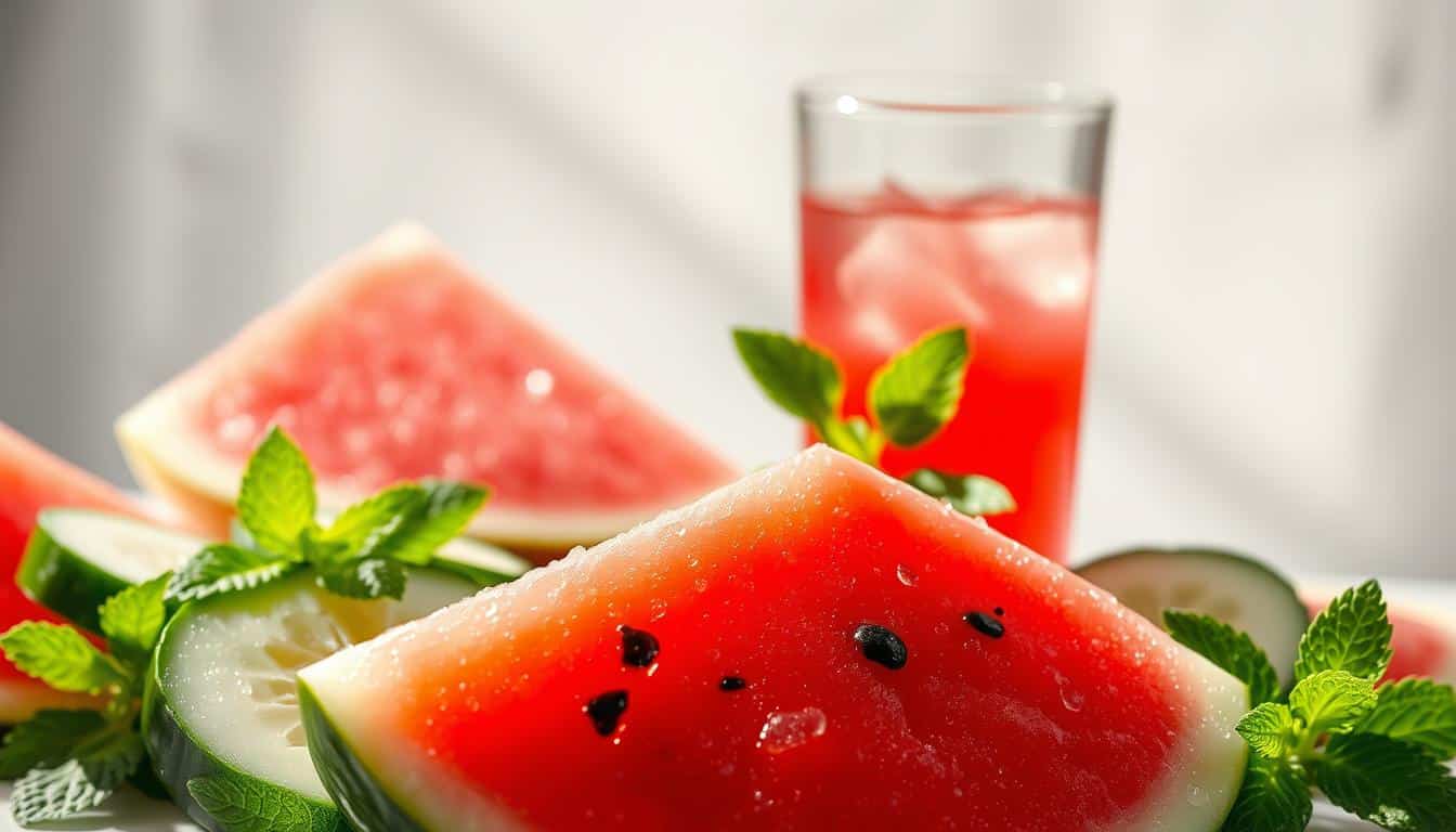 A vibrant, sun-drenched still life captures the essence of hydration benefits of watermelon. In the foreground, a ripe, juicy watermelon slice glistens with droplets of water, its luscious pink flesh and black seeds rendered in stunning detail. Surrounding the watermelon are slices of cucumber and sprigs of mint, adding a refreshing, verdant contrast. In the middle ground, a glass of chilled watermelon juice reflects the light, its translucent ruby hue highlighting the fruit's natural sweetness. The background features a soft, diffused lighting that creates a serene, calming atmosphere, emphasizing the rejuvenating properties of this hydrating, nutrient-dense superfood.