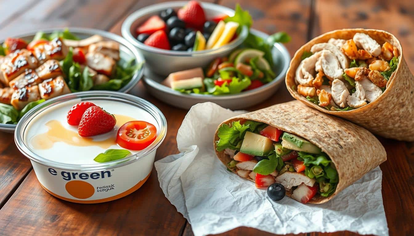 A visually appealing arrangement of a variety of nutritious cold lunch options, including a grilled chicken salad with fresh greens, cherry tomatoes, and a tangy vinaigrette dressing, a container of Greek yogurt with fresh berries and a drizzle of honey, and a whole-grain wrap filled with sliced turkey, avocado, and crunchy vegetables. The items are presented on a rustic wooden table, with natural lighting casting a warm, inviting glow. The composition emphasizes the vibrant colors, textures, and balanced macronutrients of these high-protein, nutrient-dense lunch choices, providing a visually appealing and appetizing representation of the "Best Cold High Protein Lunches for Active Days."